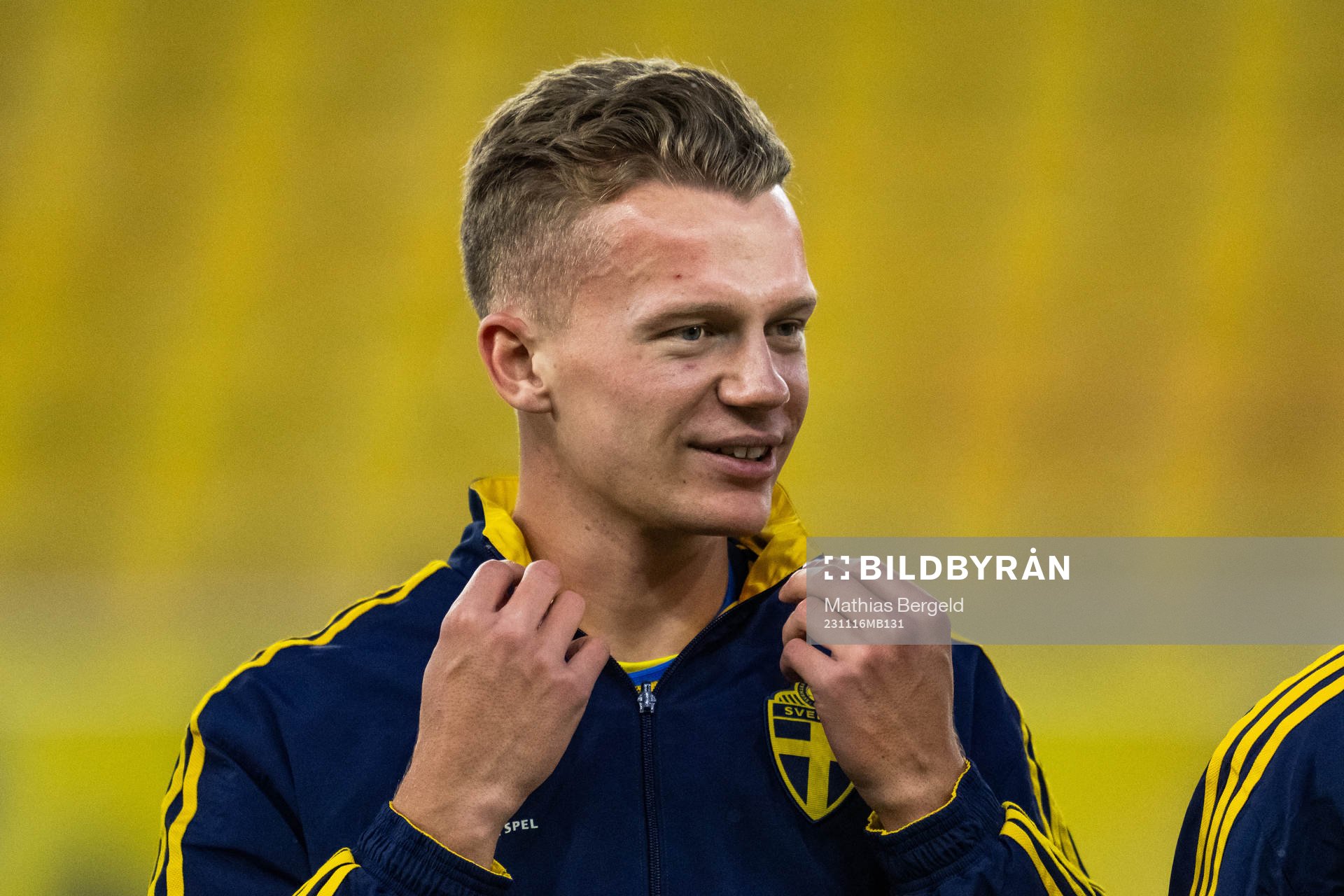 Joel Voelkerling Persson of Sweden during lin-up ahead of the international friendly under-21 football match between Sweden and Finland on November 16, 2023 in Borås.