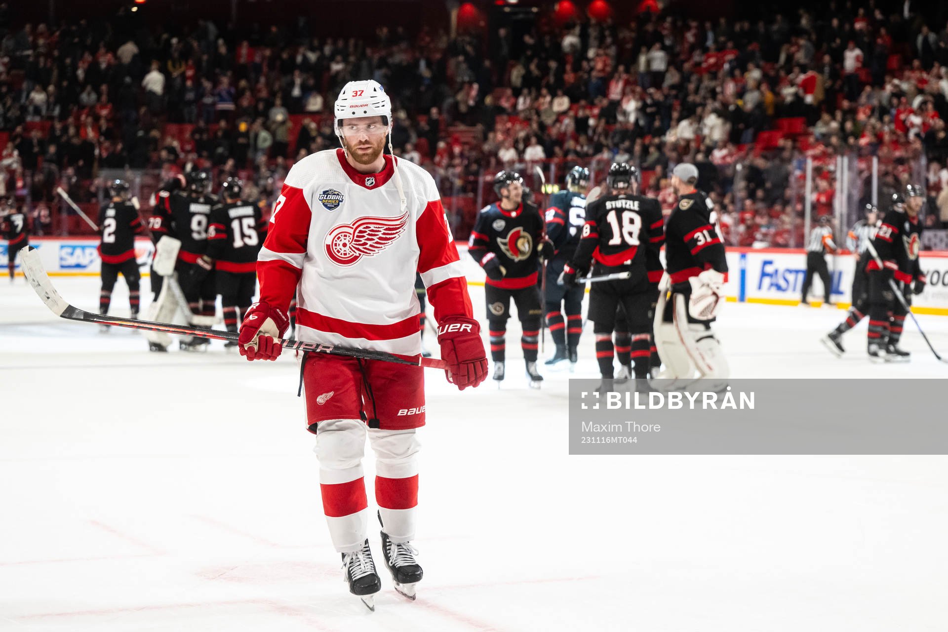 T Compher of Detroit Red Wings looks dejected