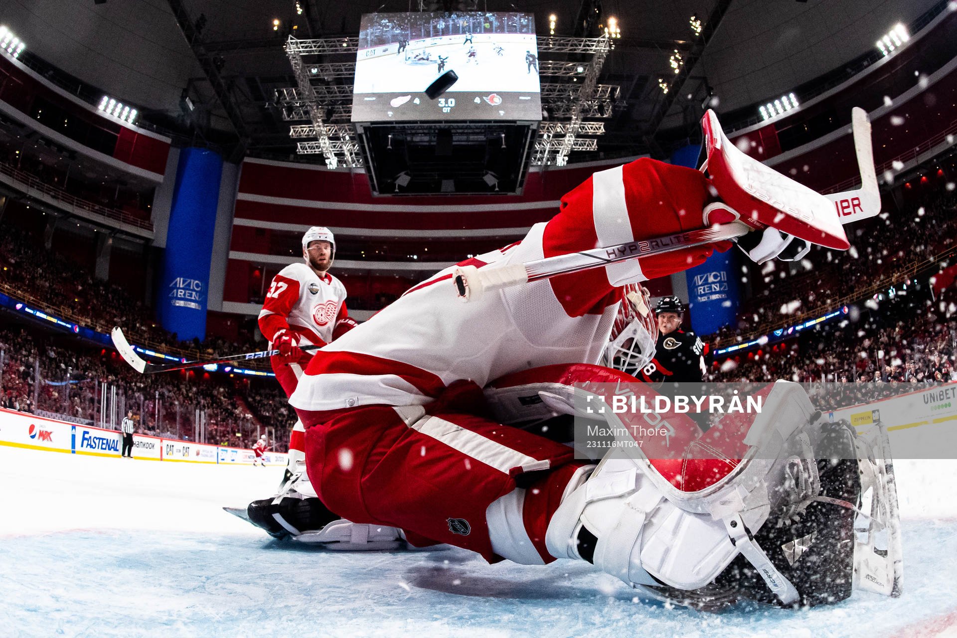 Goaltender James Reimer of Detroit Red Wings lets in the