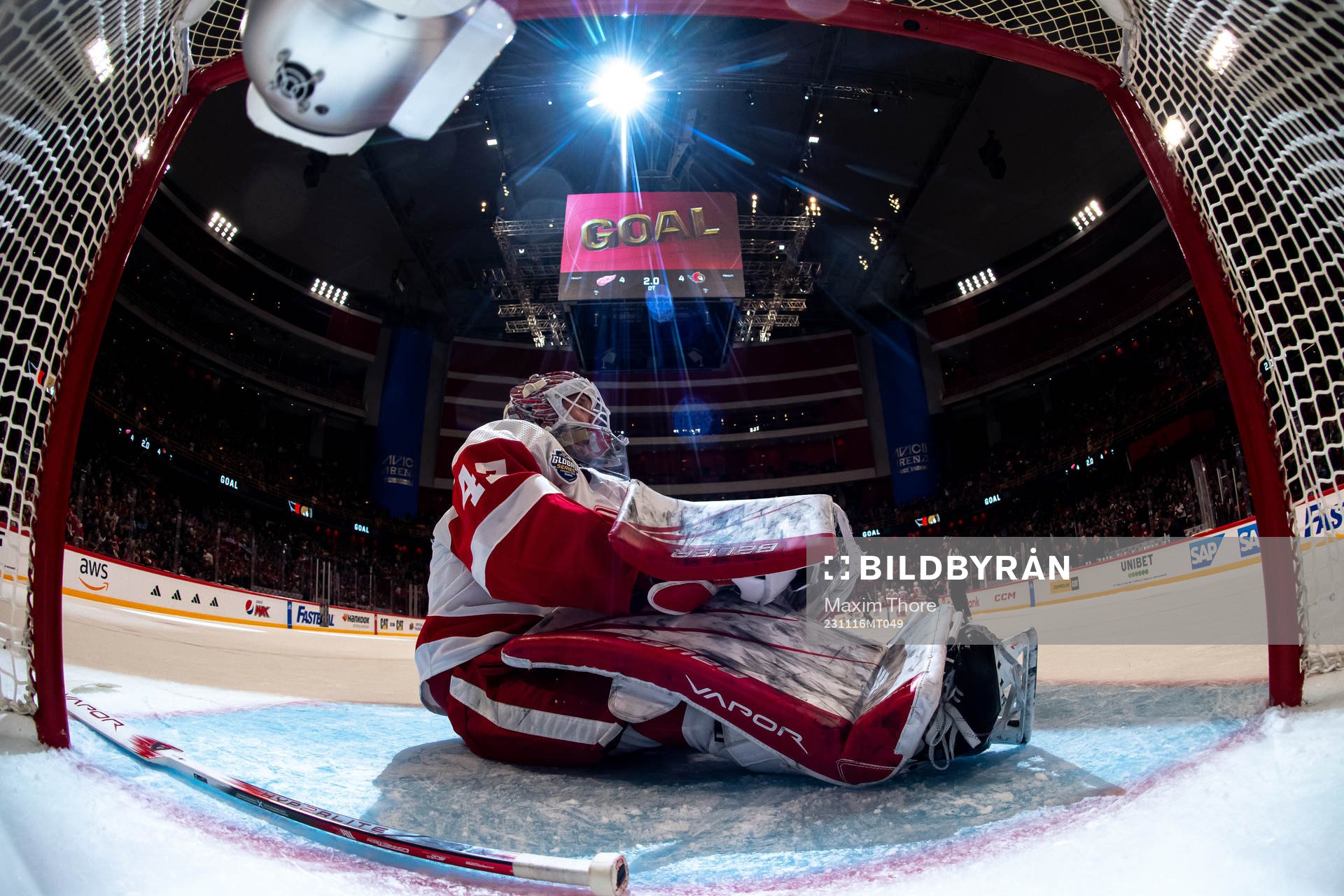 Goaltender James Reimer of Detroit Red Wings looks dejected
