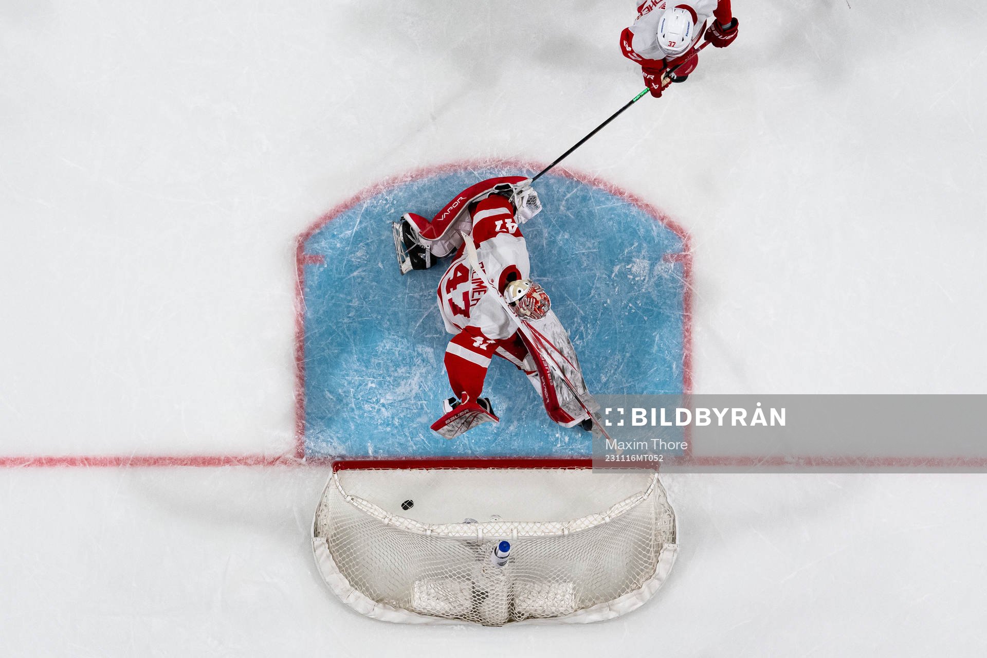 Goaltender James Reimer of Detroit Red Wings lets in the