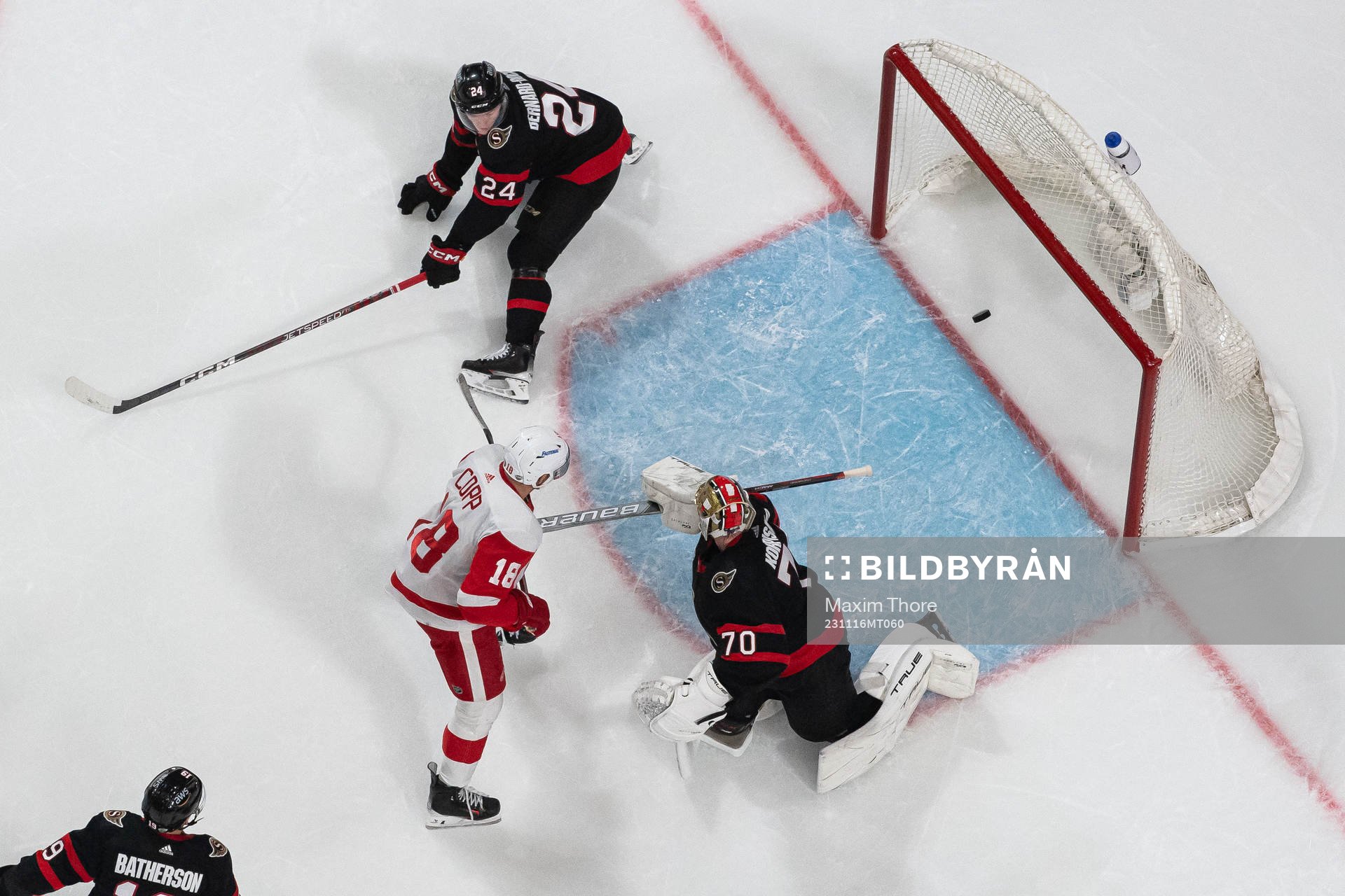 Goaltender Joonas Korpisalo of Ottawa Senators lets in the