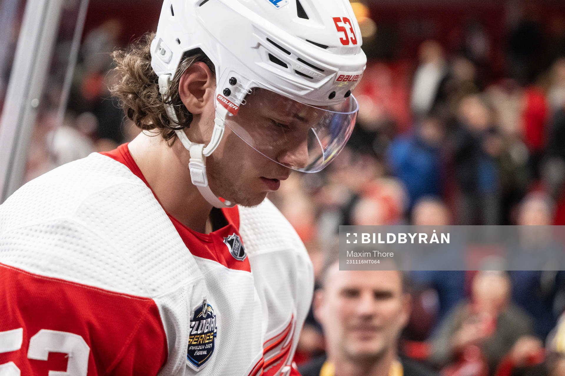 Moritz Seider of Detroit Red Wings looks dejected