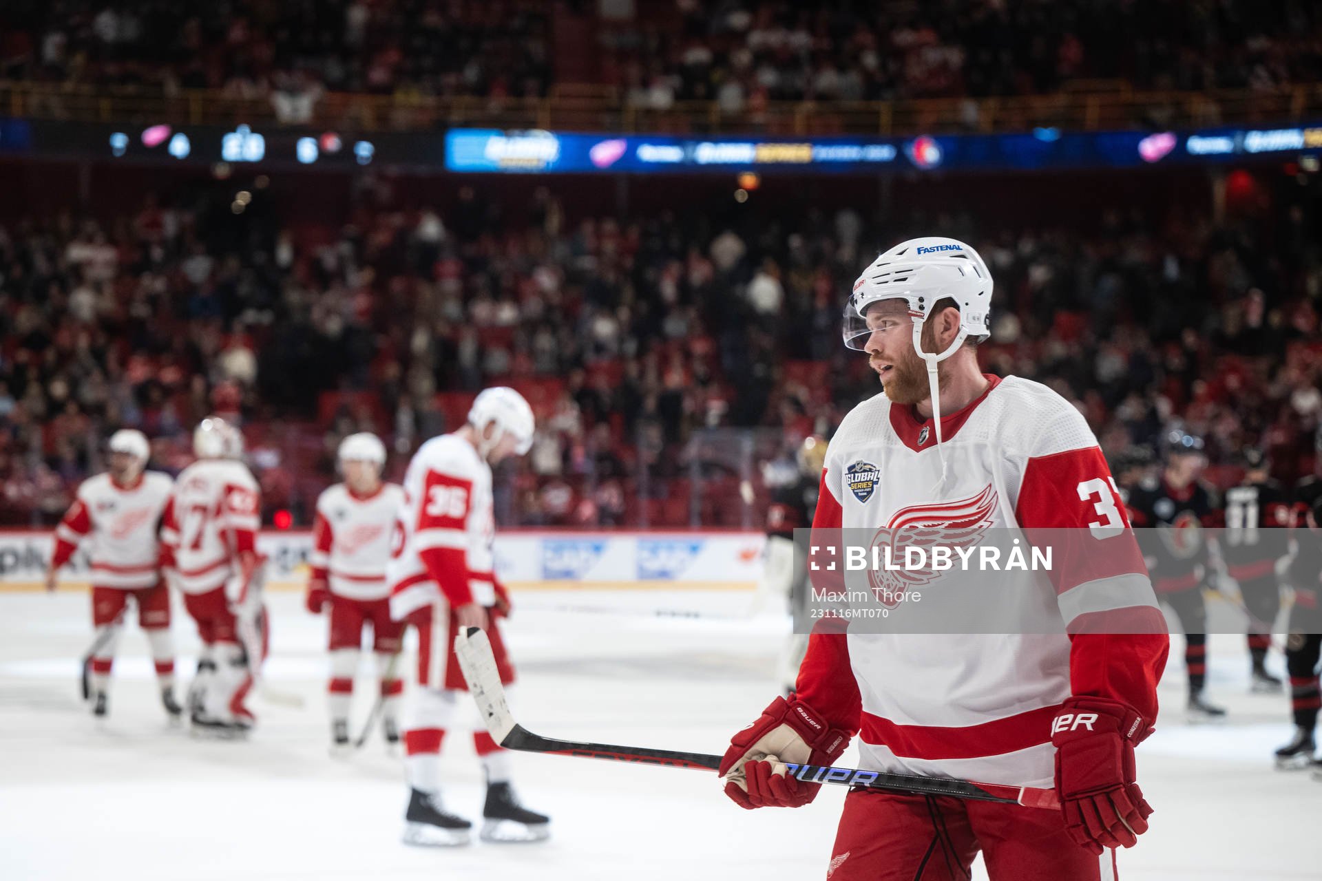 T Compher of Detroit Red Wings looks dejected