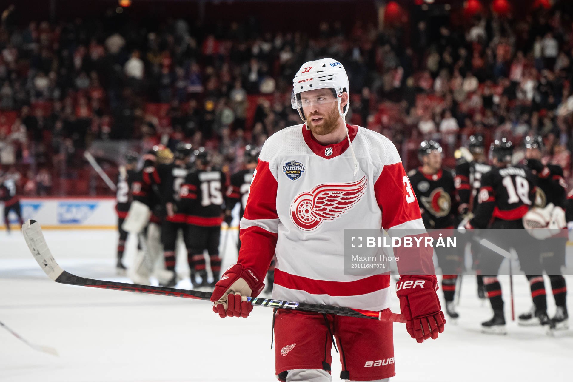 T Compher of Detroit Red Wings looks dejected