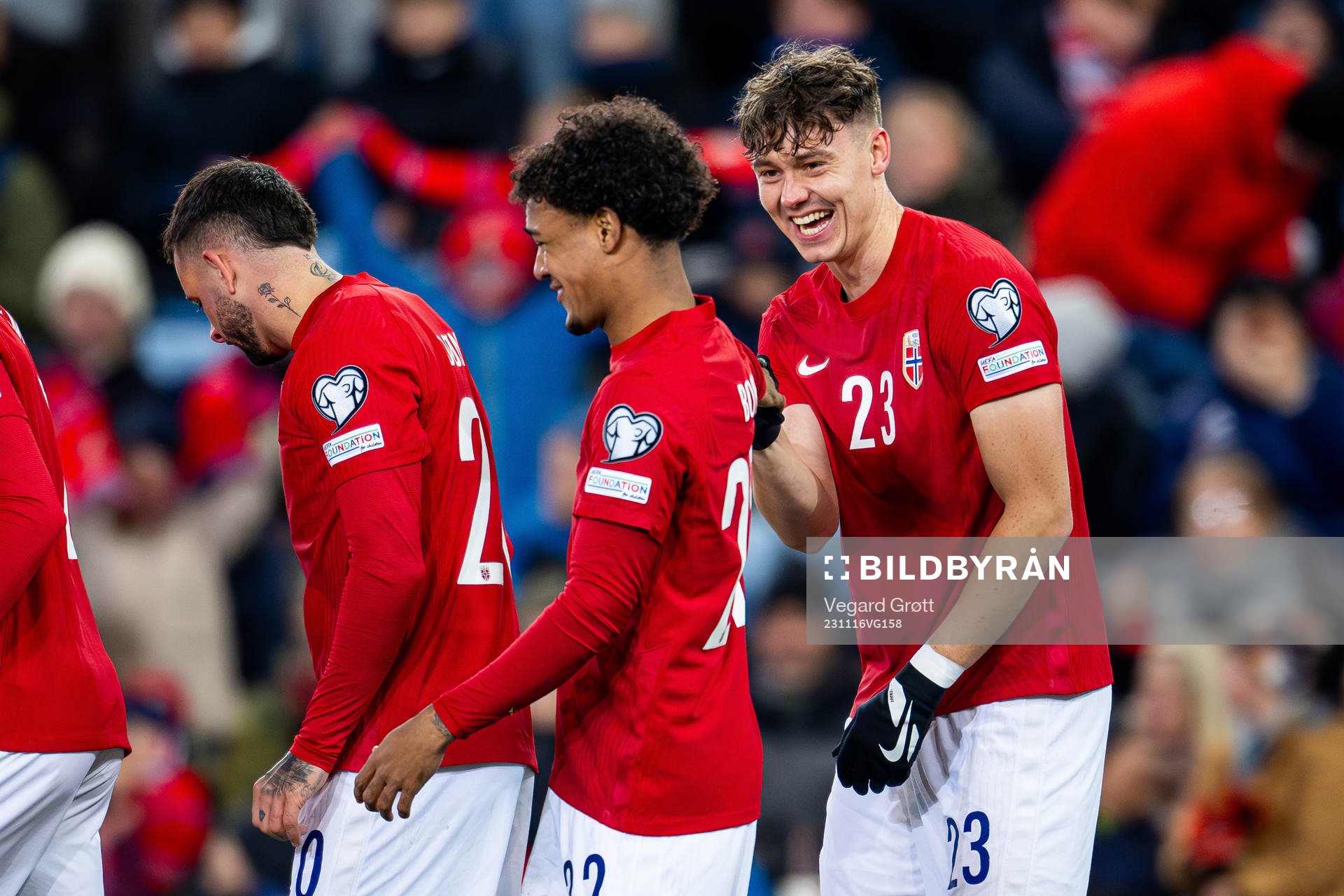 Jørgen Strand Larsen of Norway celebrates with teammate