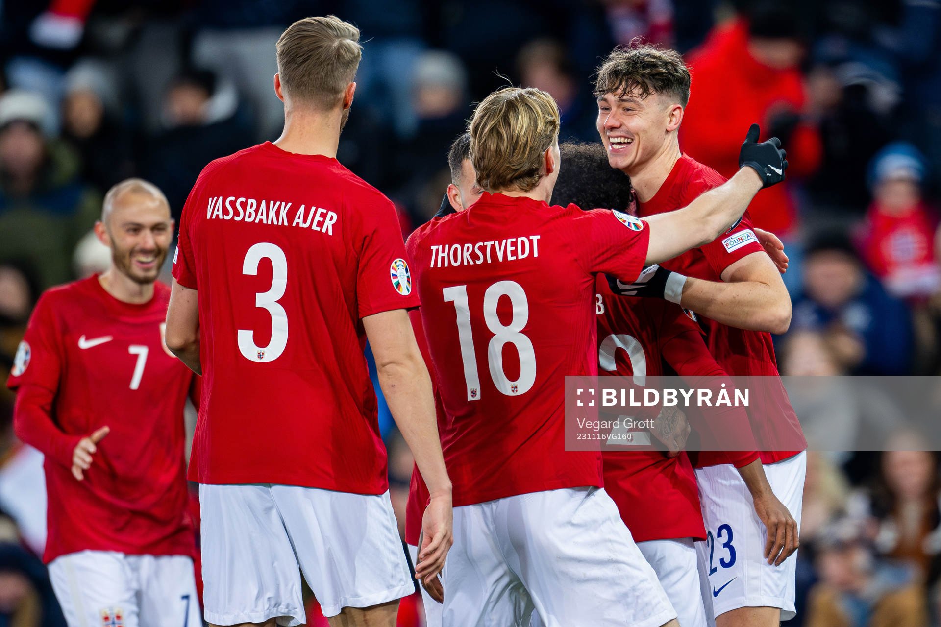Jørgen Strand Larsen of Norway celebrates with Kristian