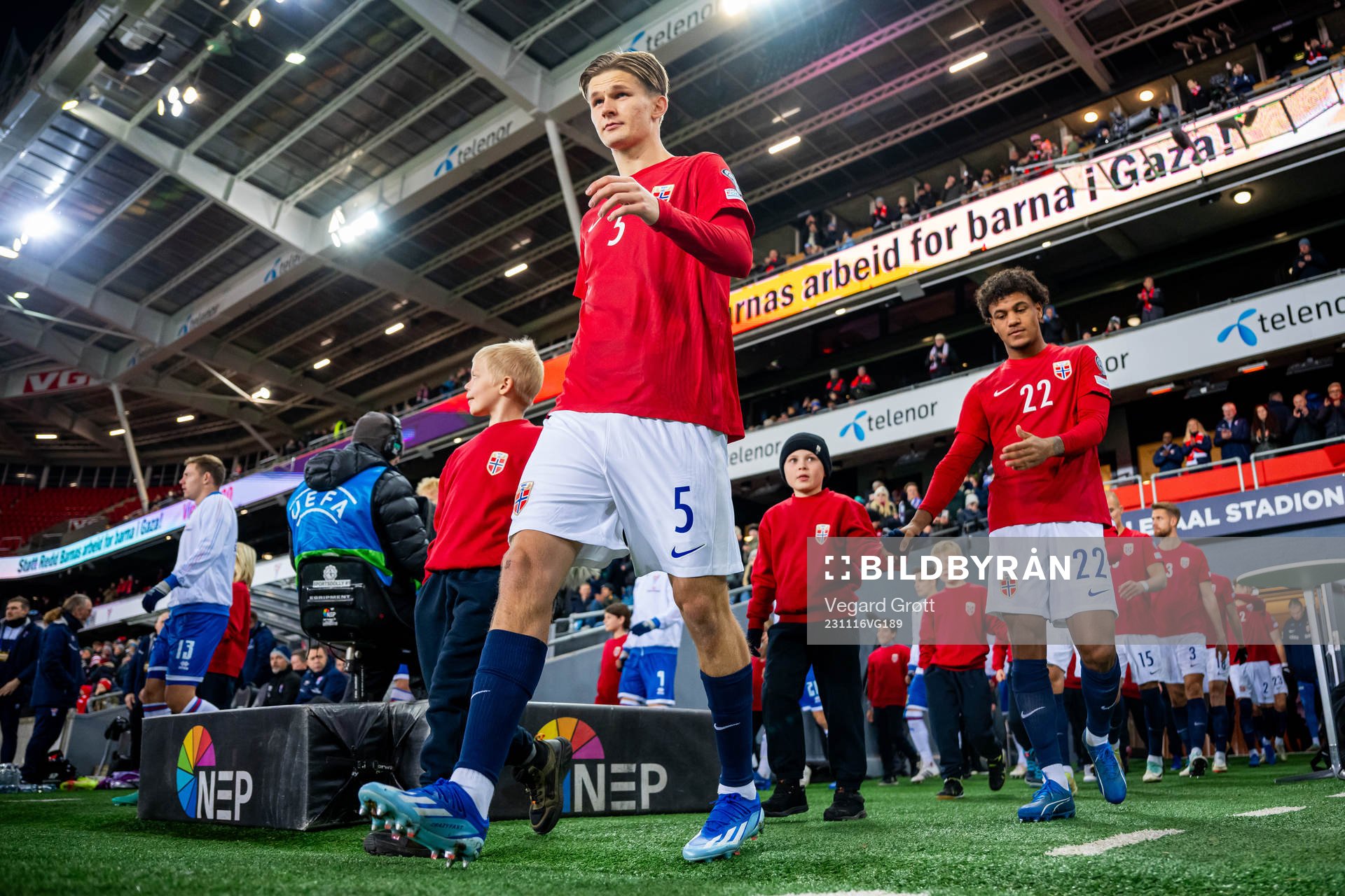 David Møller Wolfe of Norway enters the pitch