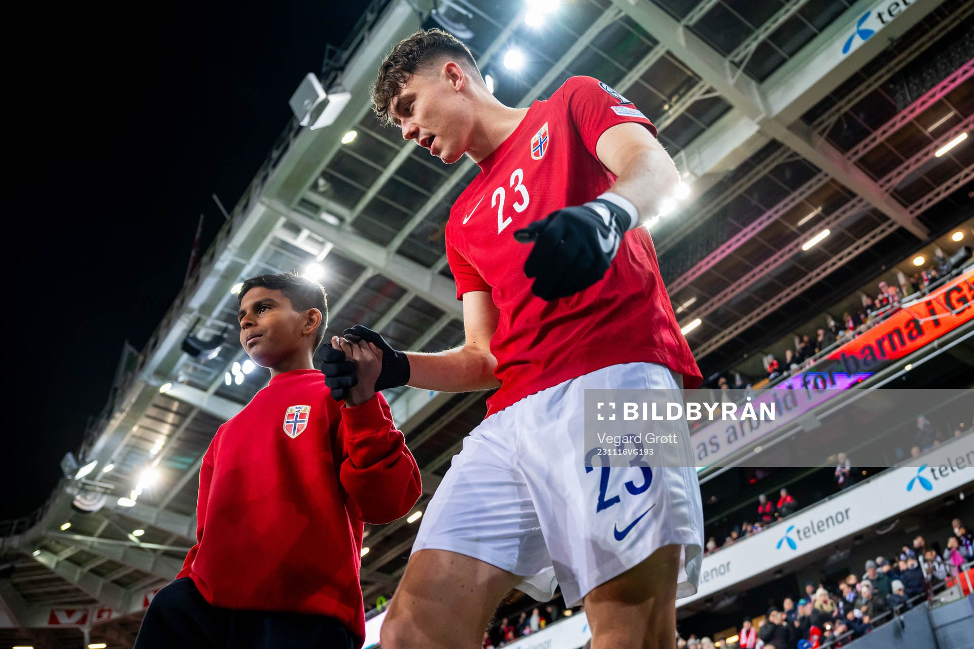 Jørgen Strand Larsen of Norway enters the pitch