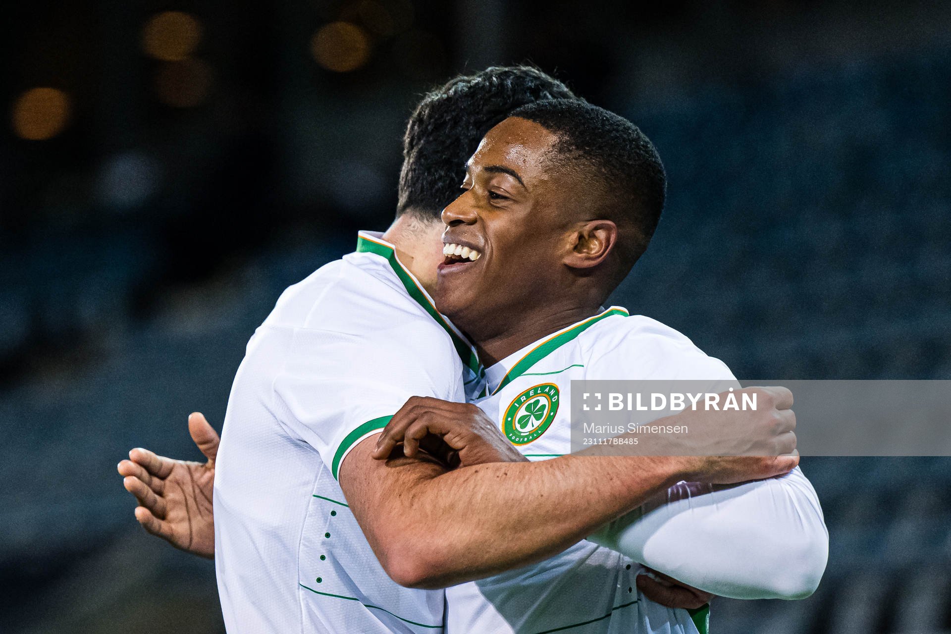 Aidomo Emakhu of Ireland celebrates after scoring the 1-1 goal during the UEFA European Under-21 Qualifier football match between Norway and Ireland on November 17, 2023 in Drammen.