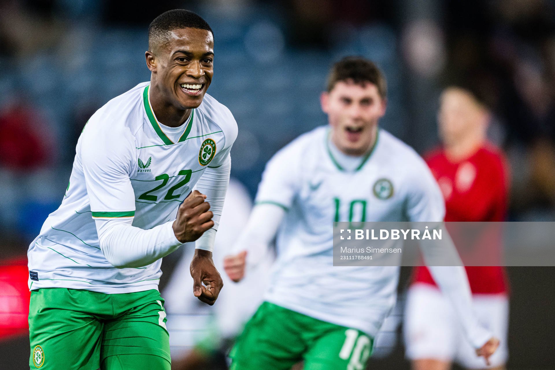 Aidomo Emakhu of Ireland celebrates after scoring the 1-1 goal during the UEFA European Under-21 Qualifier football match between Norway and Ireland on November 17, 2023 in Drammen.