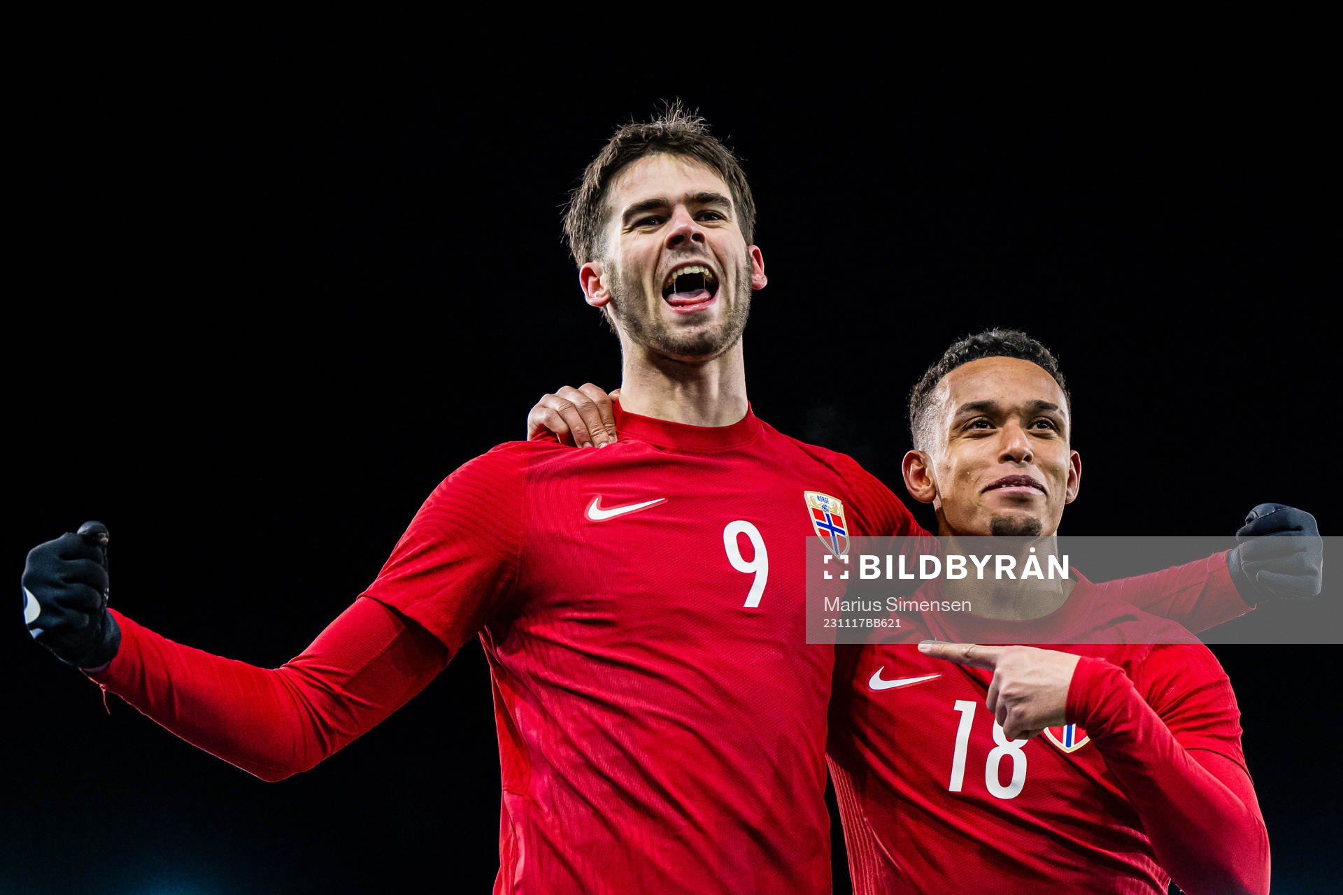 Lasse Nordås of Norway celebrates after scoring the 3-2 goal during the UEFA European Under-21 Qualifier football match between Norway and Ireland on November 17, 2023 in Drammen.