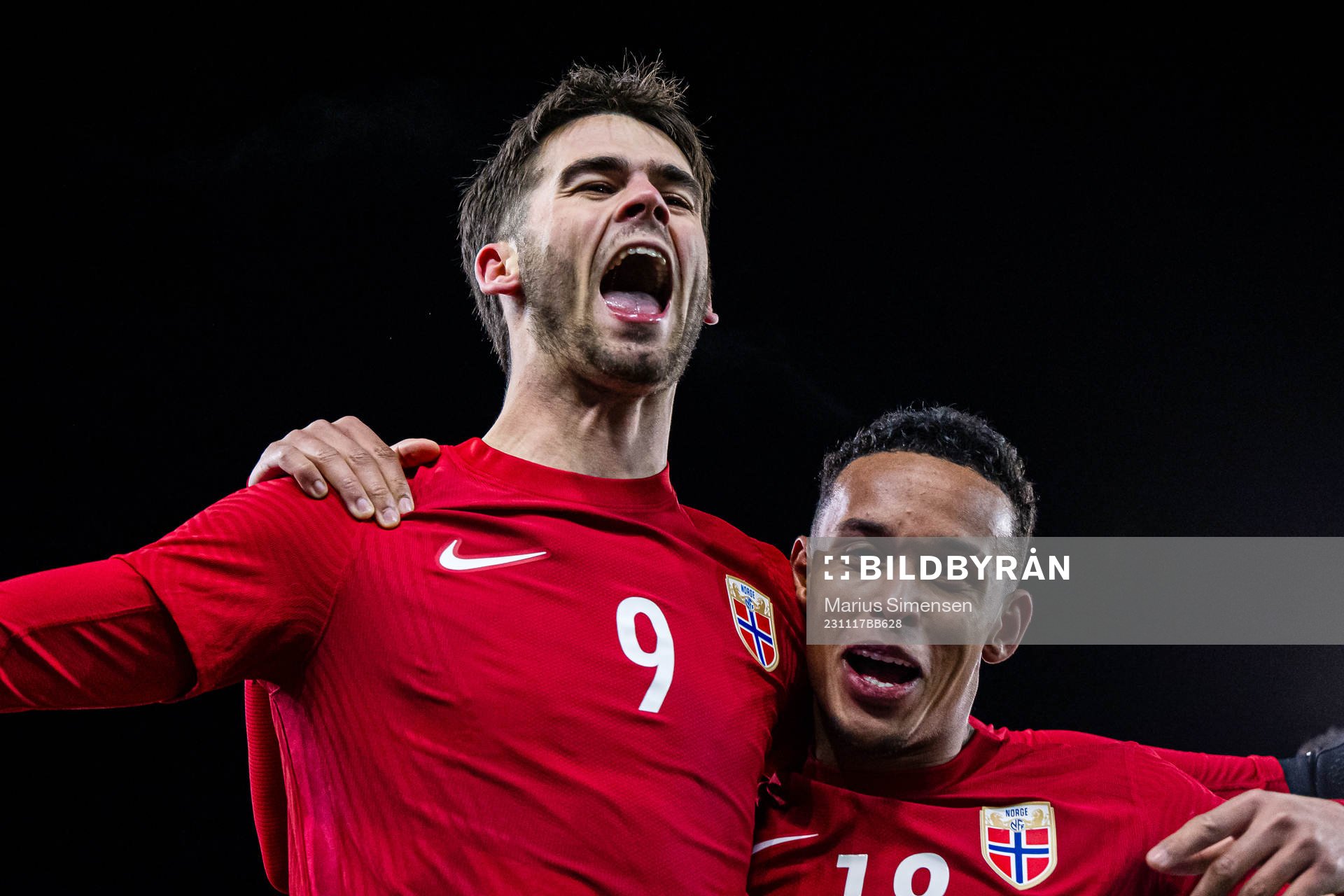 Lasse Nordås of Norway celebrates after scoring the 3-2 goal during the UEFA European Under-21 Qualifier football match between Norway and Ireland on November 17, 2023 in Drammen.