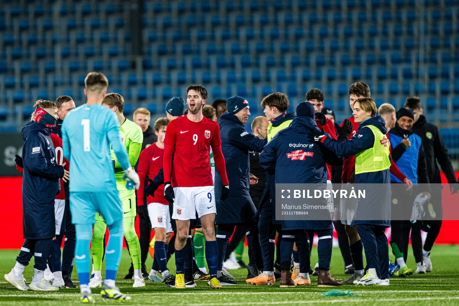 Lasse Selvåg Nordås of Norway celebrates after the UEFA European Under-21 Qualifier football match between Norway and Ireland on November 17, 2023 in Drammen.