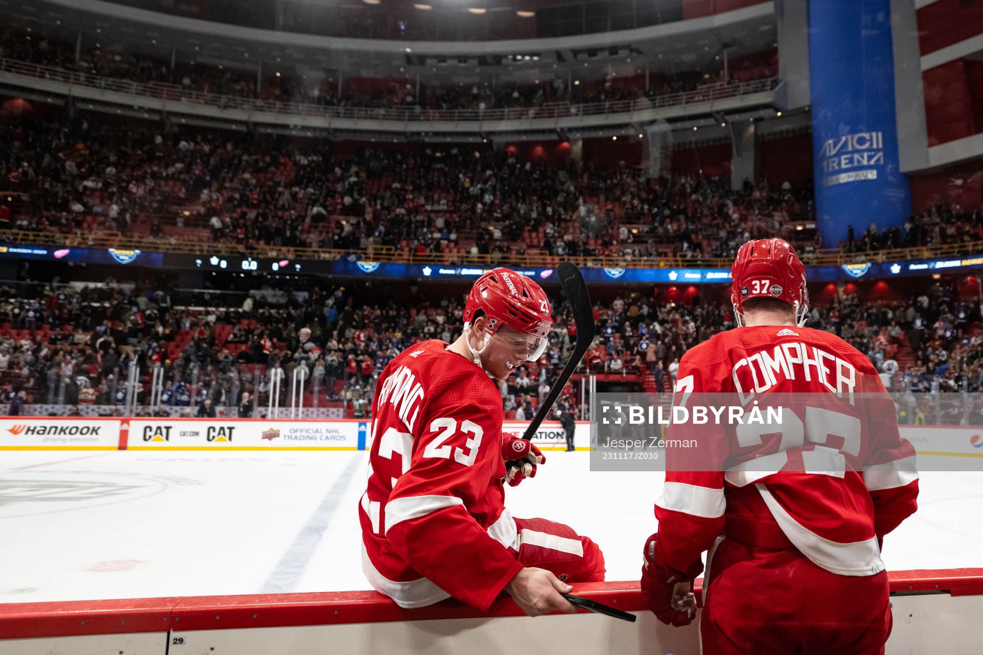 Lucas Raymond and Michael Rasmussen of Detroit Red Wings