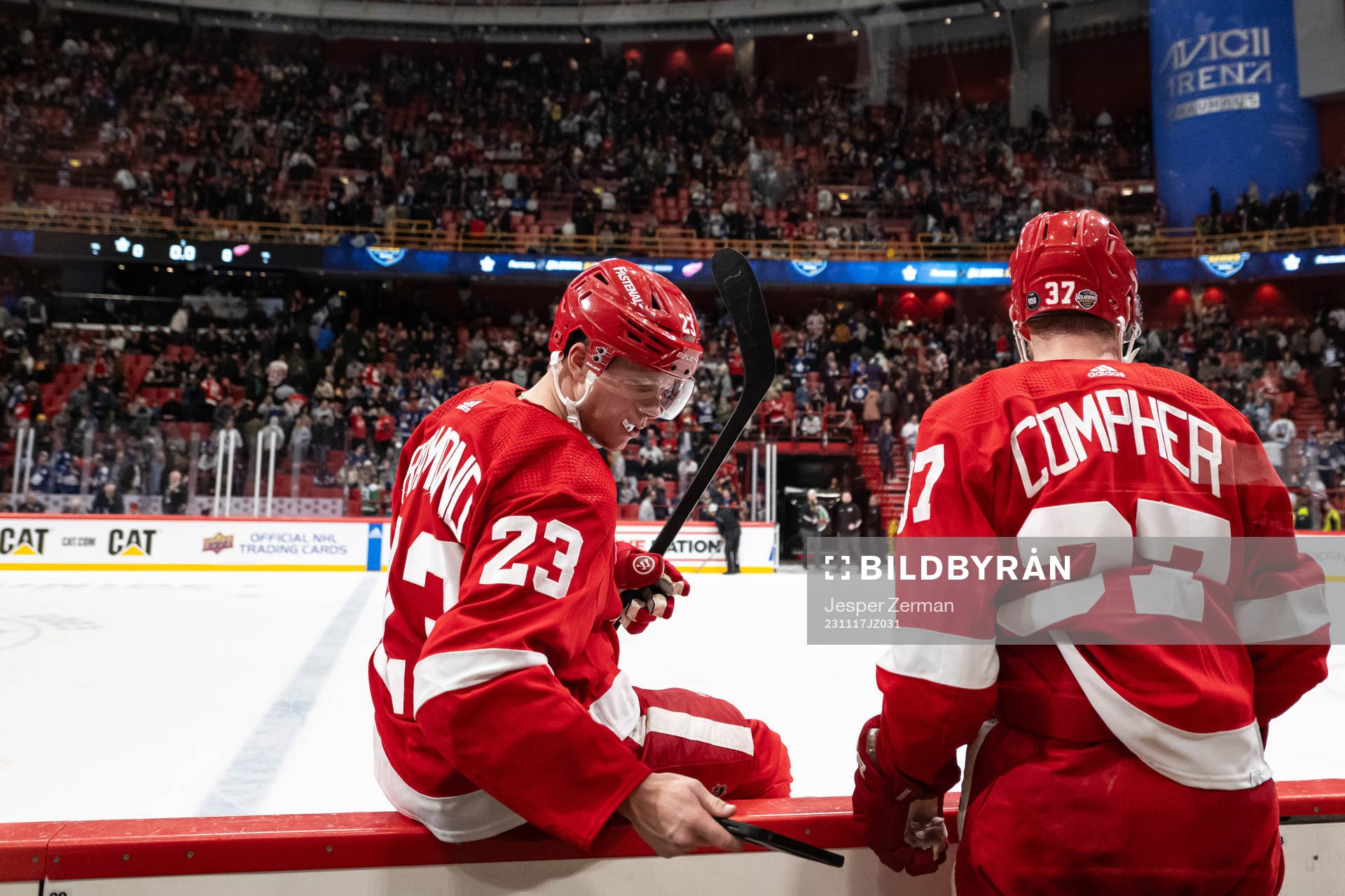 Lucas Raymond and Michael Rasmussen of Detroit Red Wings