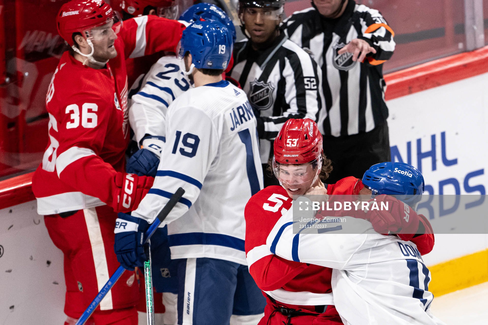 Moritz Seider of Detroit Red Wings and Max Domi of Toronto