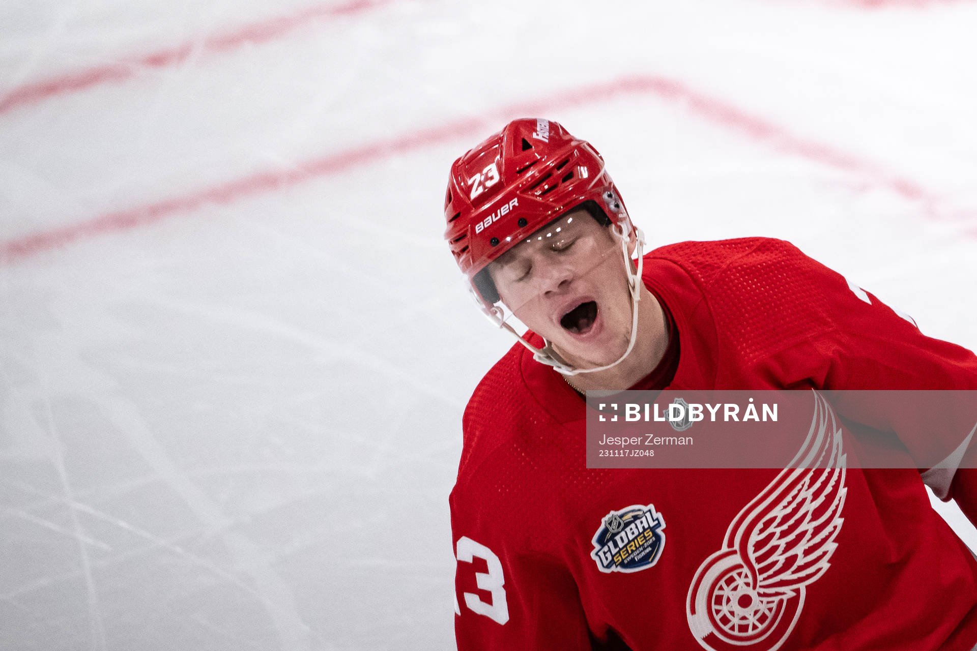 Lucas Raymond of Detroit Red Wings reacts