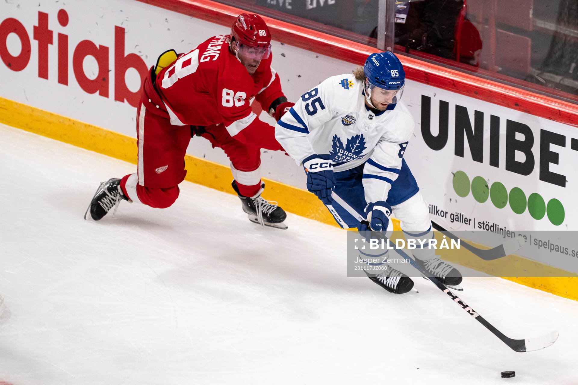 Daniel Sprong of Detroit Red Wings and William Lagesson of