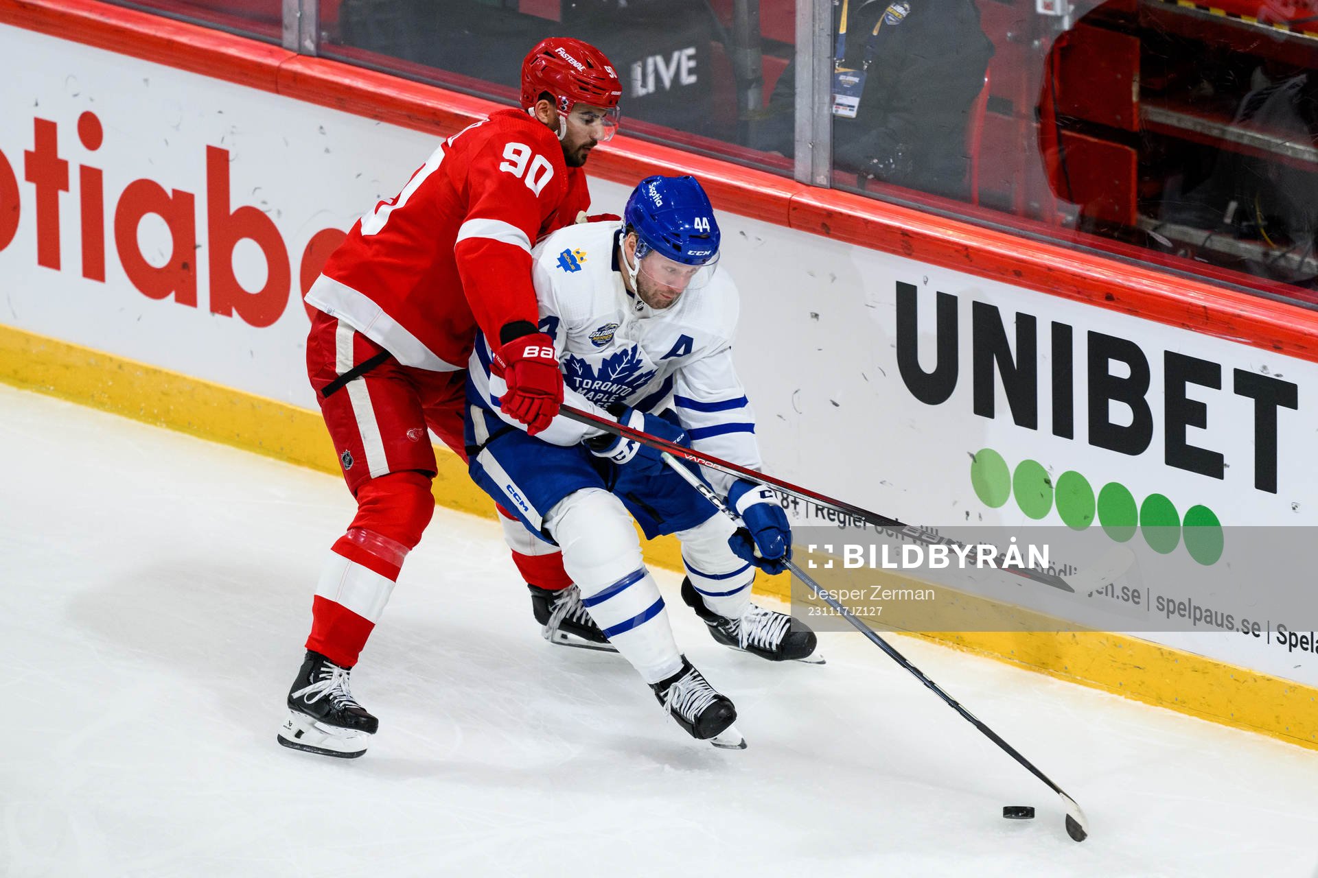 Joe Veleno of Detroit Red Wings and Morgan Rielly of