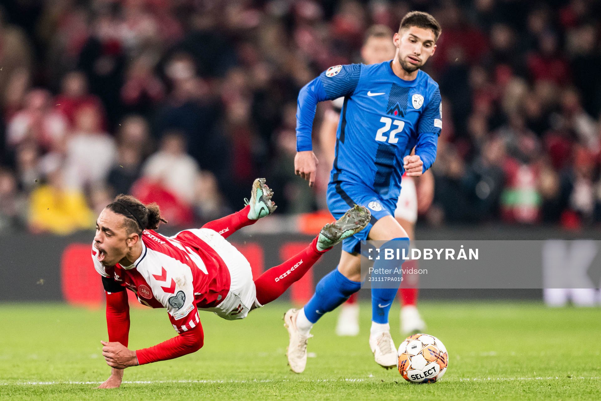 Yussuf Poulsen of Denmark and Adam Cerin of Slovenia