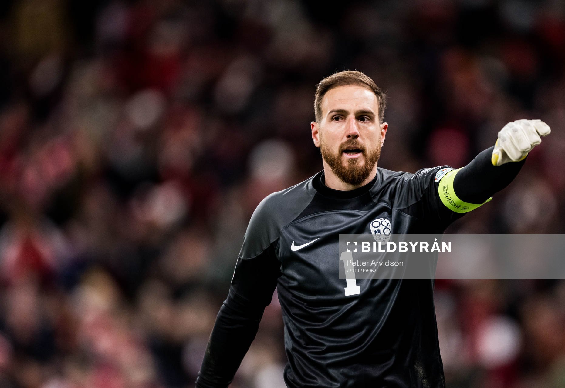 Goalkeeper Jan Oblak of Slovenia during the UEFA Euro Qualifier football match between Denmark and Slovenia on November 17, 2023 in Copenhagen.