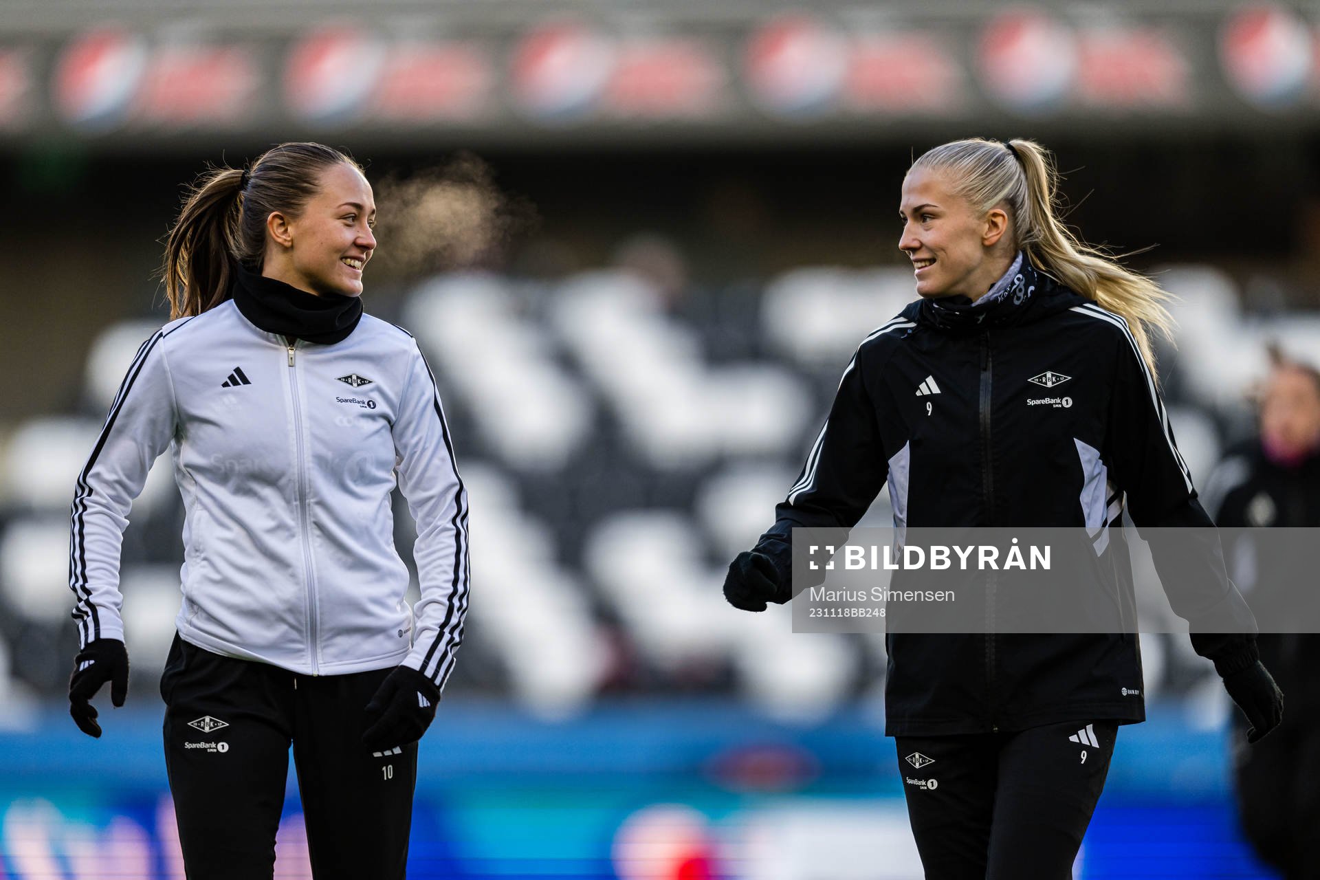 Camilla Linberg and Emilie Nautnes of Rosenborg warms up ahead of of the Toppserien football match between Rosenborg and Vålerenga on November 18, 2023 in Trondheim.