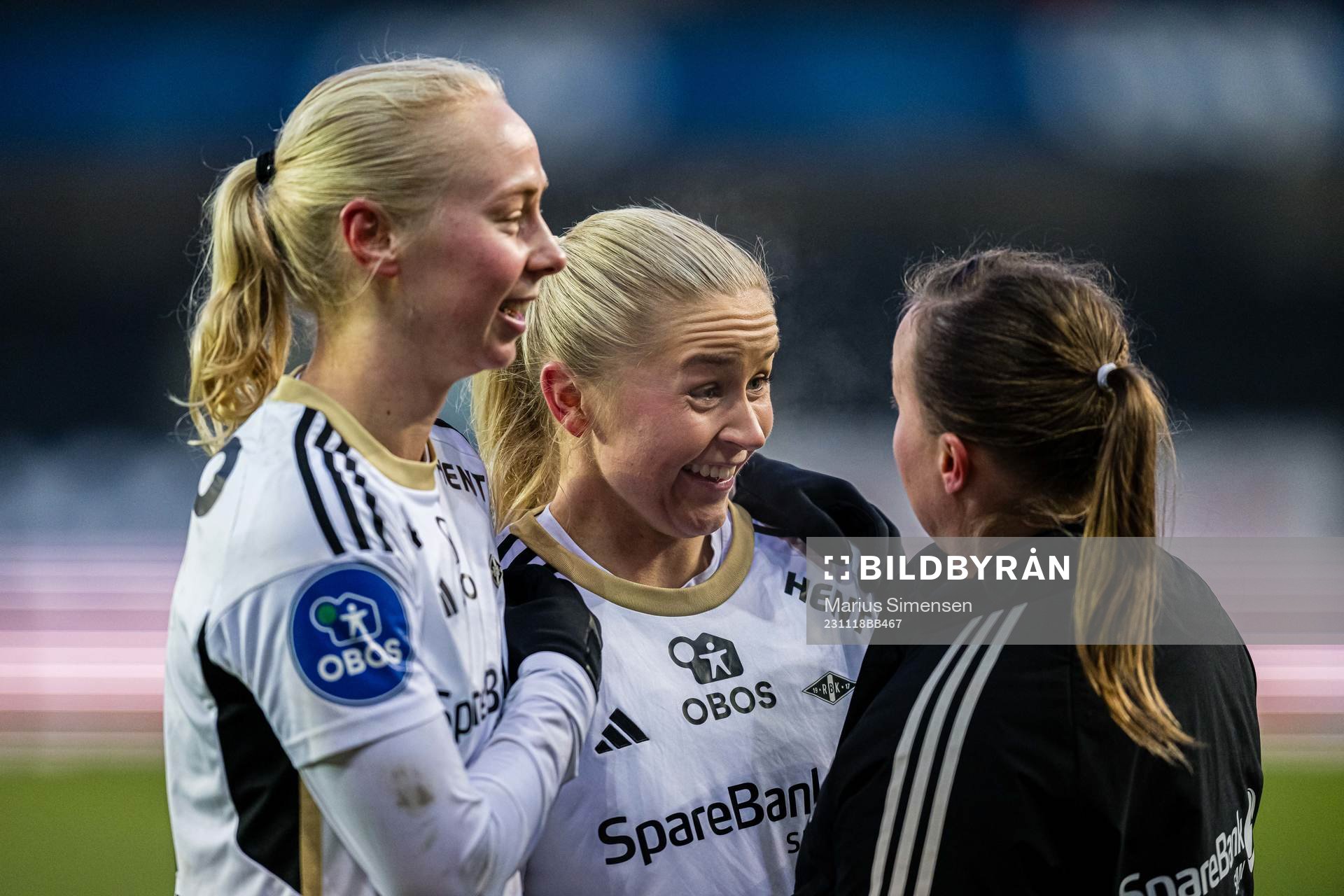 Sara Iren Lindbak Hørte and Anna Jøsendal of Rosenborg celebrates after the Toppserien football match between Rosenborg and Vålerenga on November 18, 2023 in Trondheim.