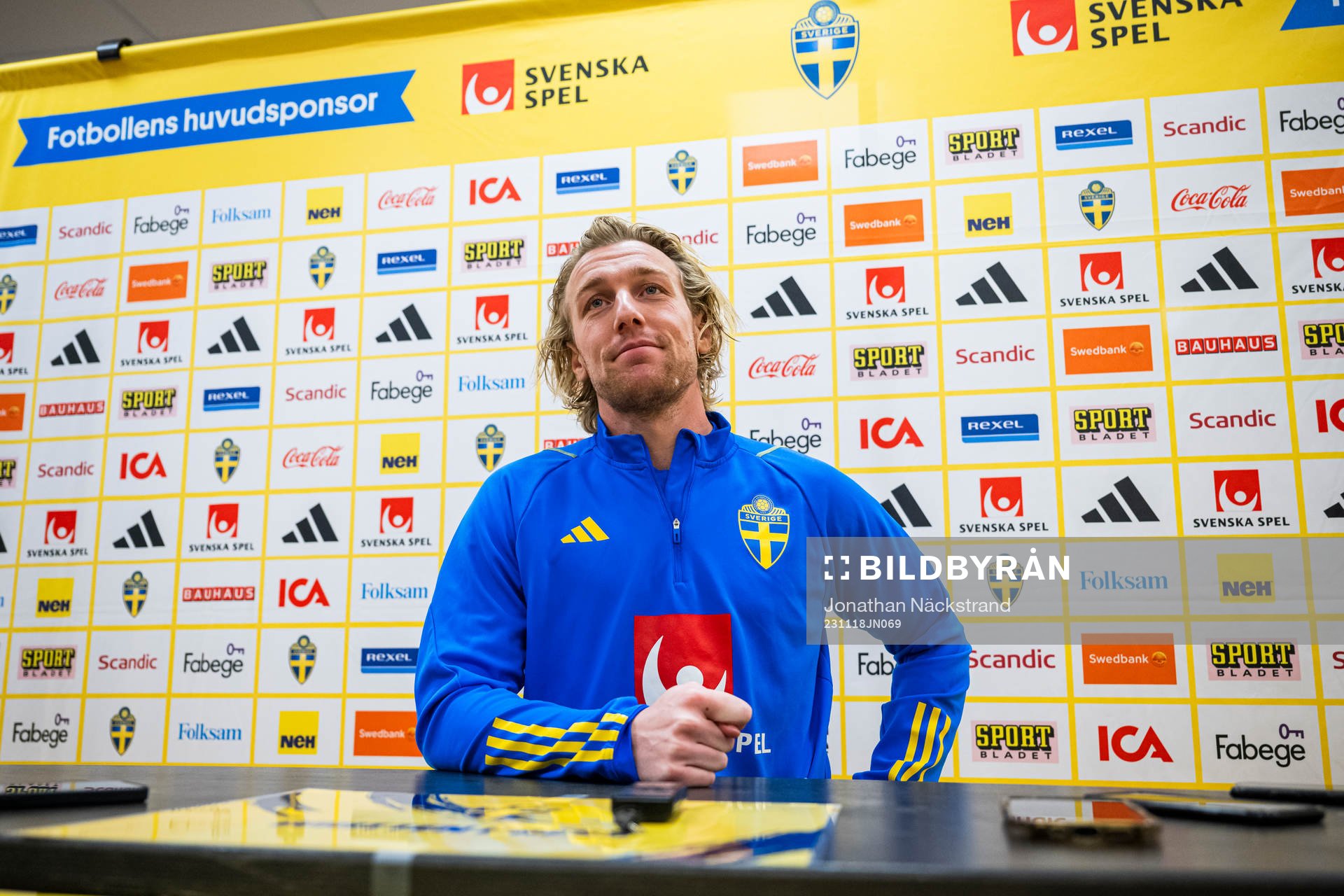 Emil Forsberg of the Swedish national football team during mixed zone session following a training session on November 18, 2023 in Stockholm.