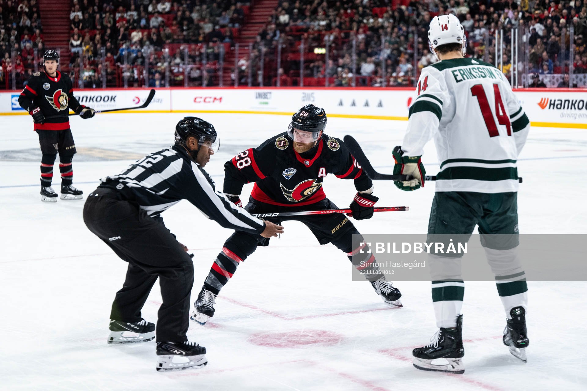 Claude Giroux of Ottawa Senators and Joel Eriksson Ek of