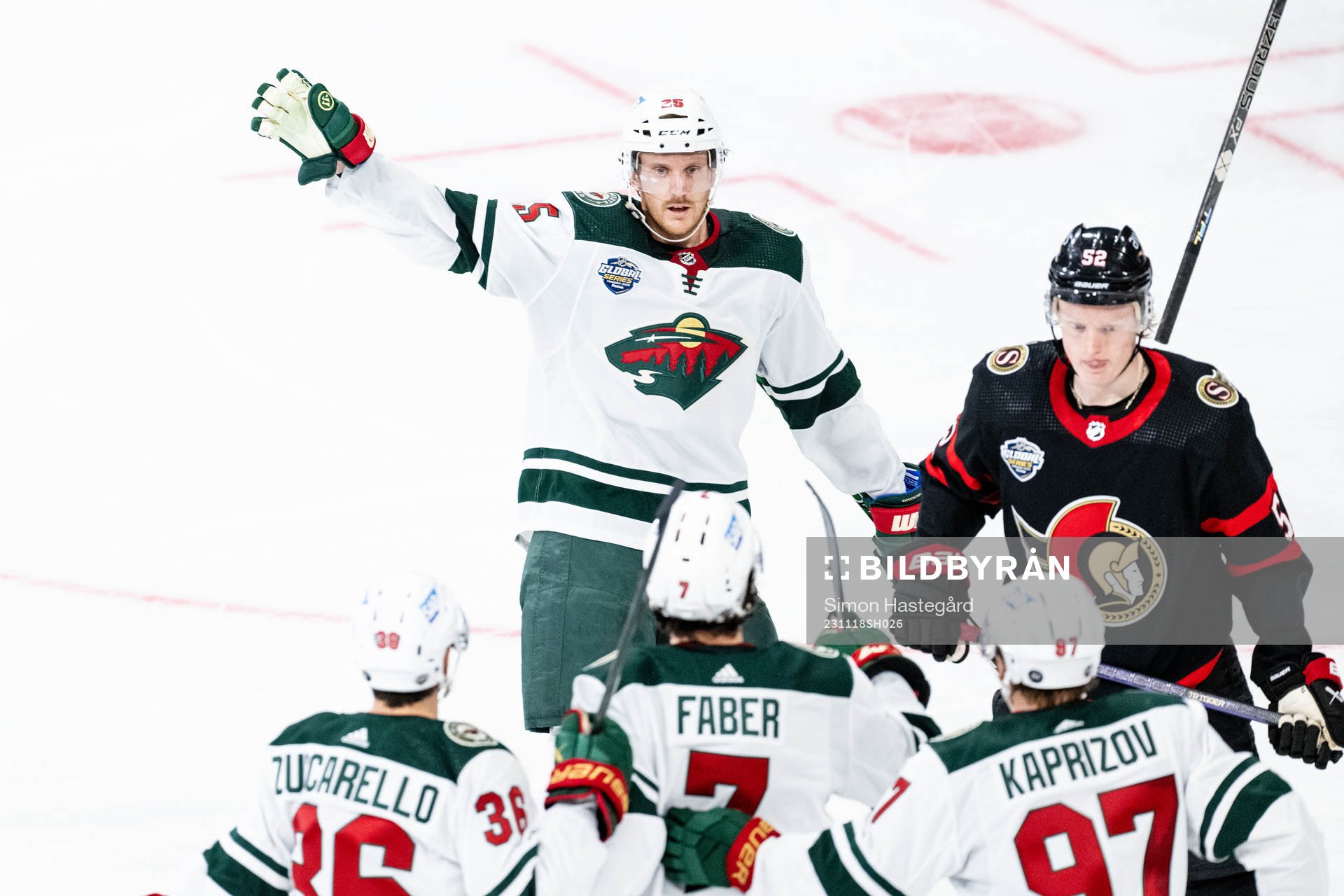 Jonas Brodin of Minnesota Wild celebrates the 1-0 goal by