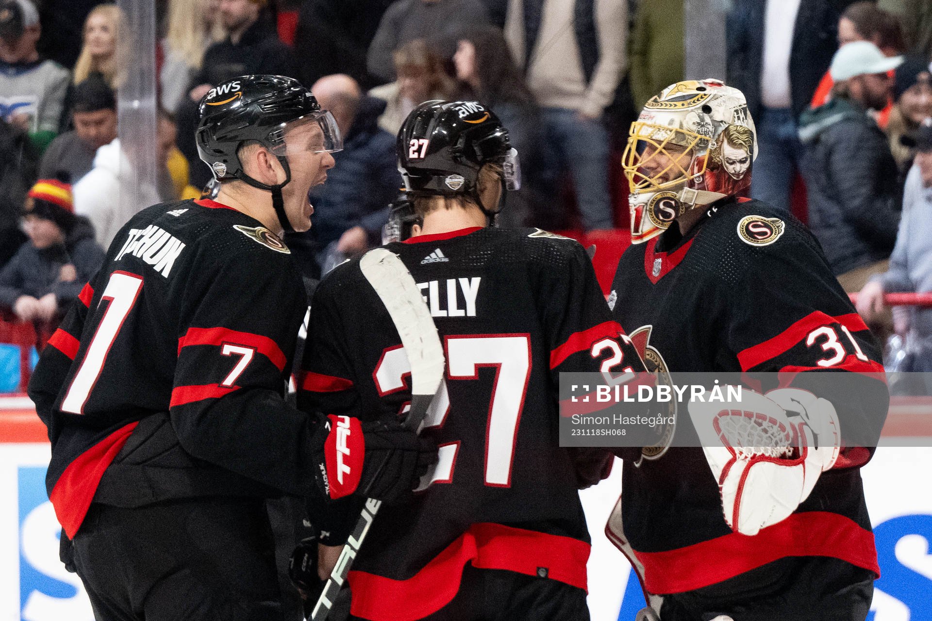 Brady Tkachuk and goaltender Anton Forsberg of Ottawa