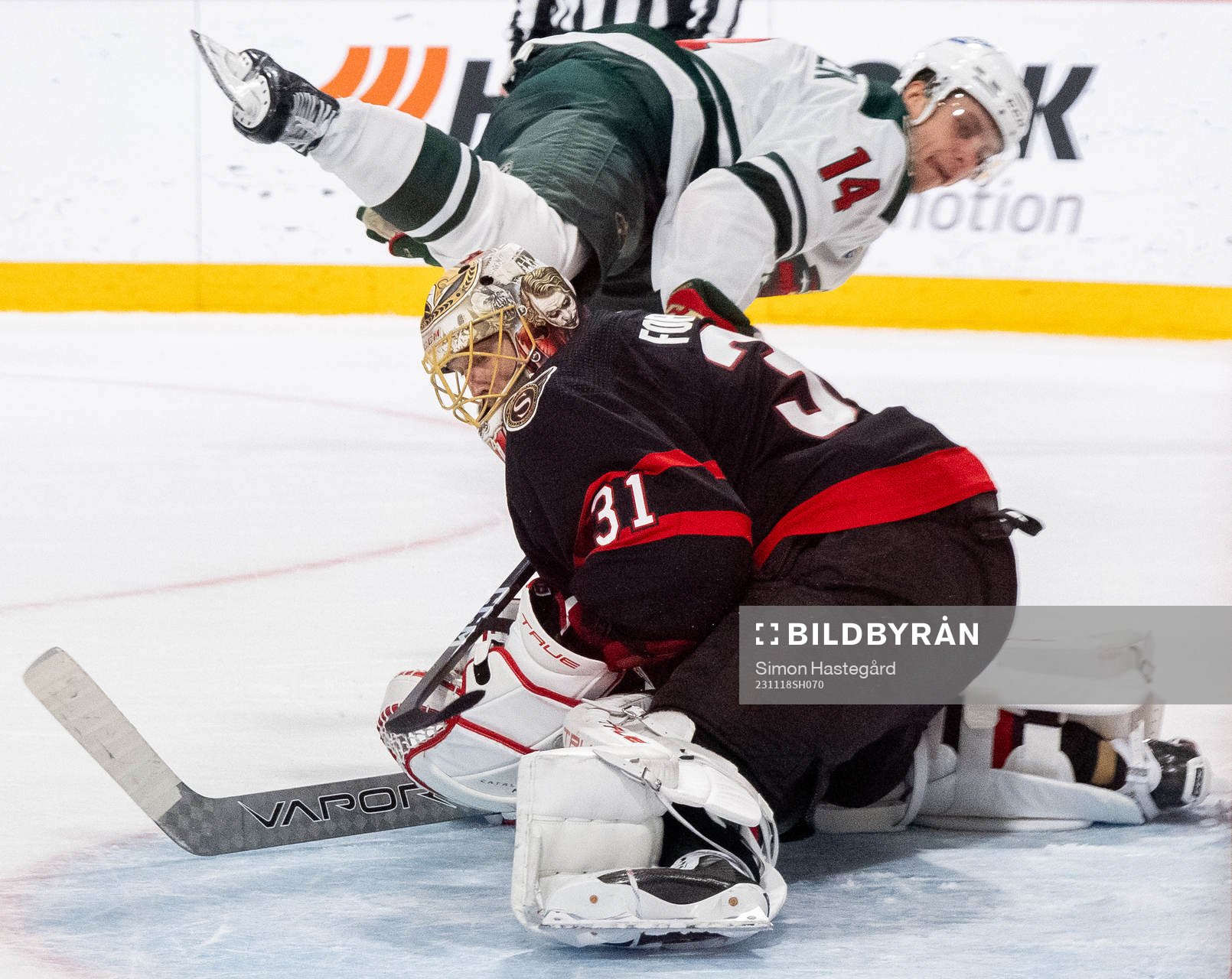 Goaltender Anton Forsberg of Ottawa Senators with the game