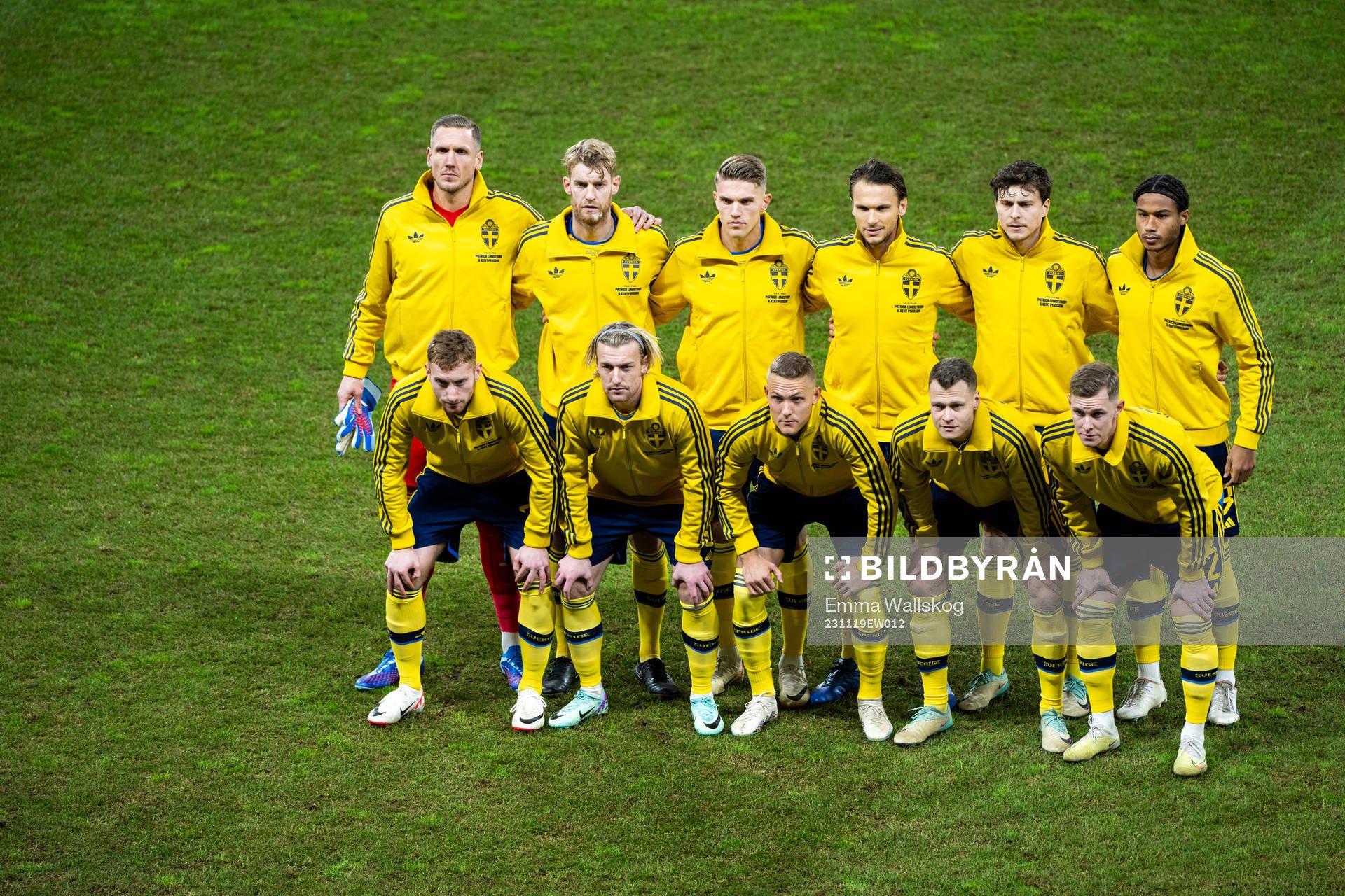 The starting eleven of Sweden. From the left: goalkeeper Robin Olsen, Filip Helander, Viktor Gyökeres, Albin Ekdal, Victor Nilsson Lindelöf, Jens Cajuste, Dejan Kulusevski, Emil Forsberg, Ludwig Augustinsson, Viktor Claesson and Emil Krafth ahead of the UEFA Euro Qualifier football match between Sweden and Estonia on November 19, 2023 in Stockholm. Top row: Robin Olsen, Filip Helander, Viktor Gyökeres, Albin Ekdal, Victor Nilsson Lindelöf and Jens Cajuste. Bottom row: Dejan Kulusevski, Emil Forsberg, Ludwig Augustinsson, Viktor Claesson and Emil Krafth.
