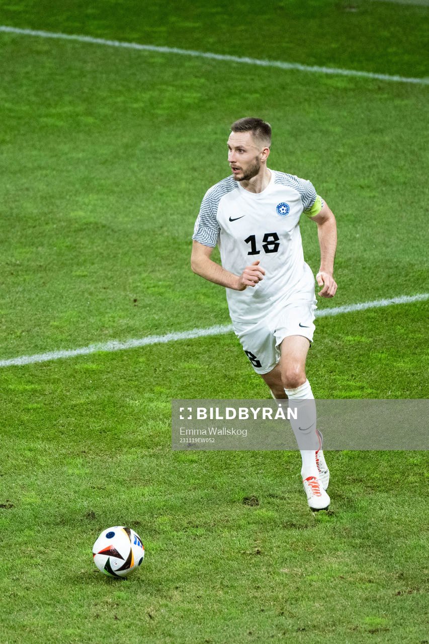 Karol Mets of Estonia during the UEFA Euro Qualifier football match between Sweden and Estonia on November 19, 2023 in Stockholm. 