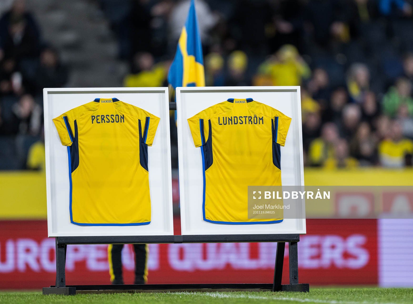 Swedish National jerseys with the names of the two victims in the Brussel terrorist attack on October 16 is shown ahead the UEFA Euro Qualifier football match between Sweden and Estonia on November 19, 2023 in Stockholm. 