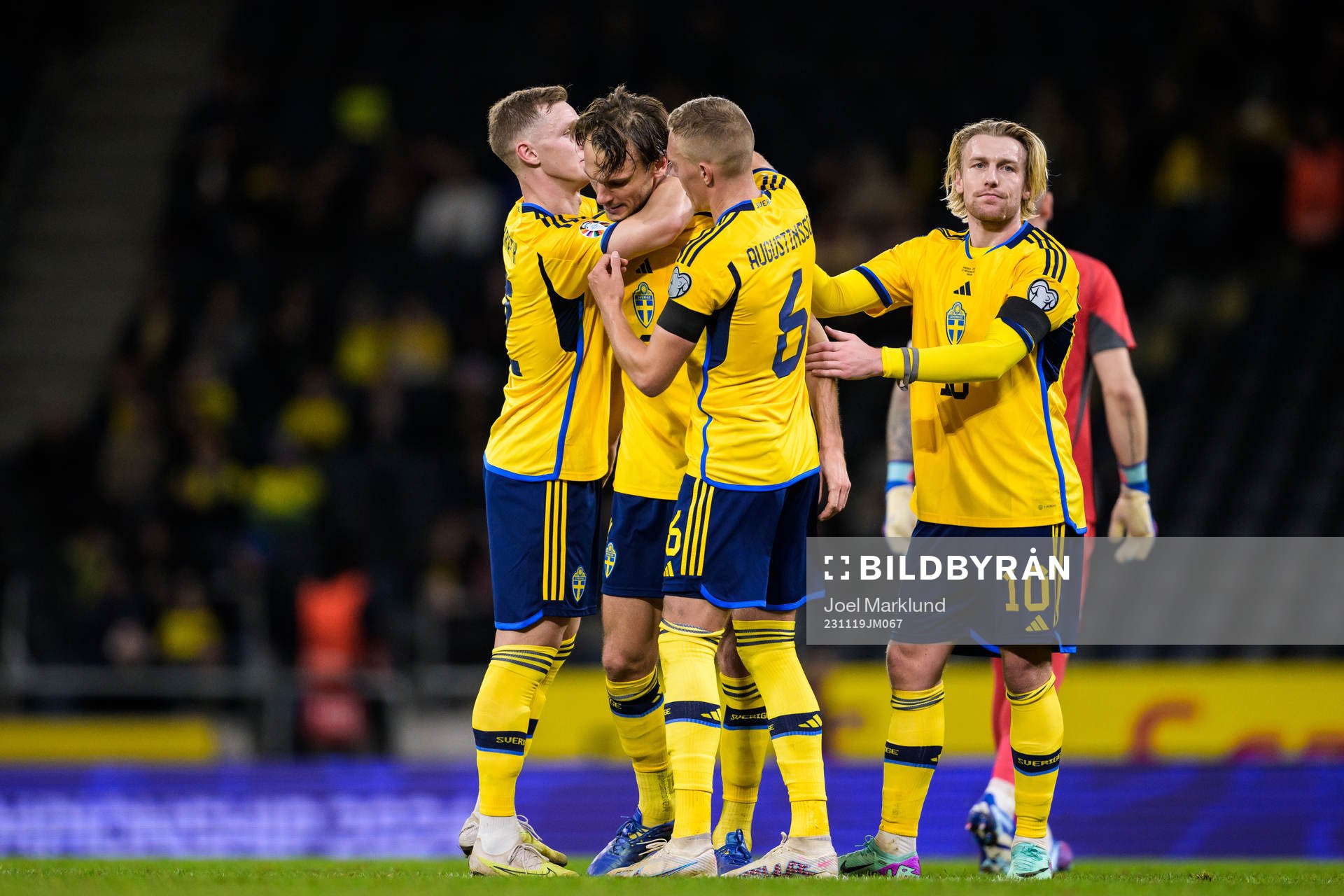Emil Krafth, Albin Ekdal, Ludwig Augustinsson, and Emil Forsberg of Sweden during the UEFA Euro Qualifier football match between Sweden and Estonia on November 19, 2023 in Stockholm.