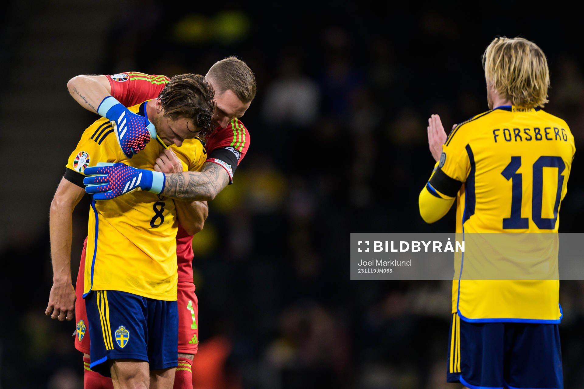 Albin Ekdal and goalkeeper Robin Olsen of Sweden