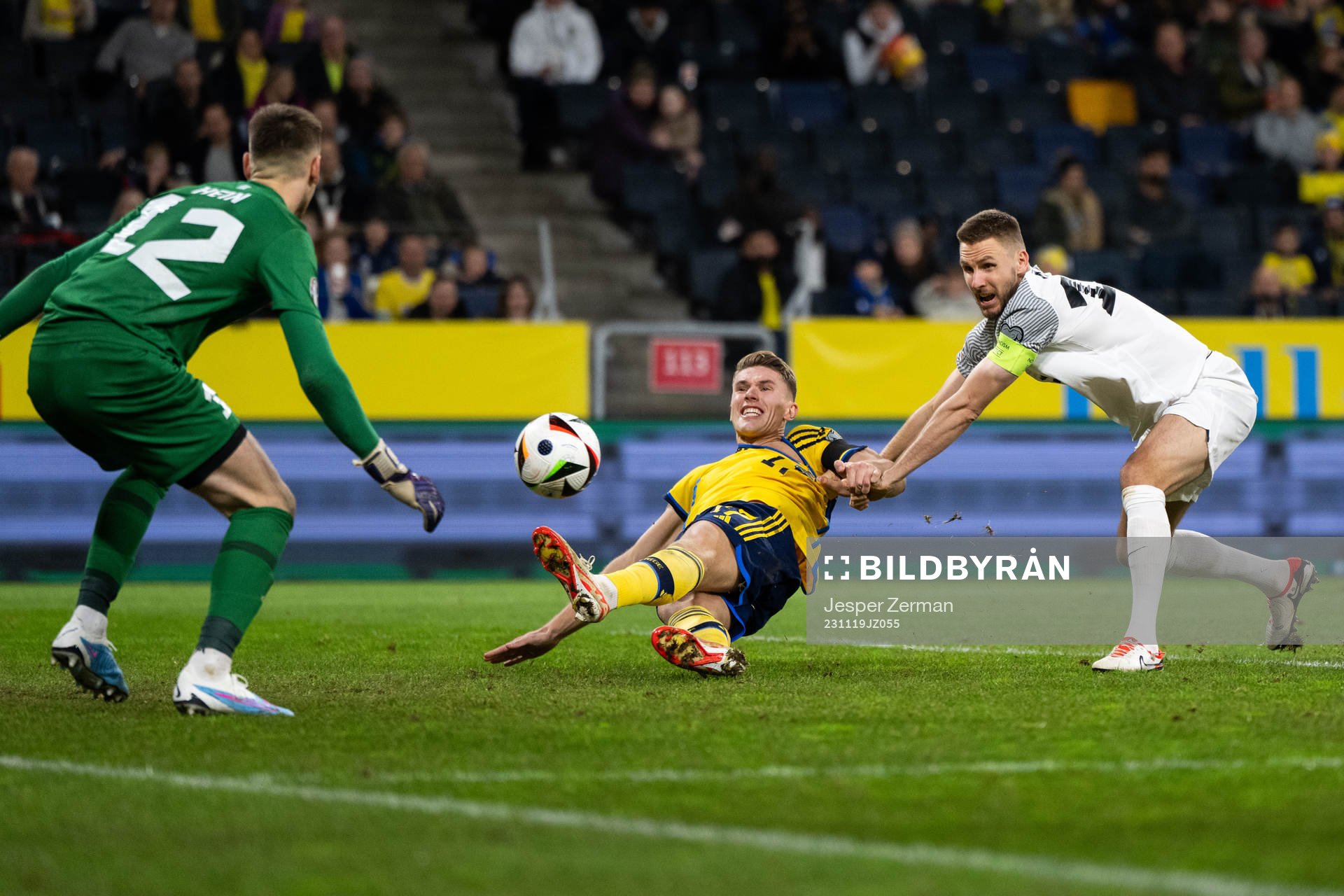 Viktor Gyökeres of Sweden against goalkeeper Karl Jakob