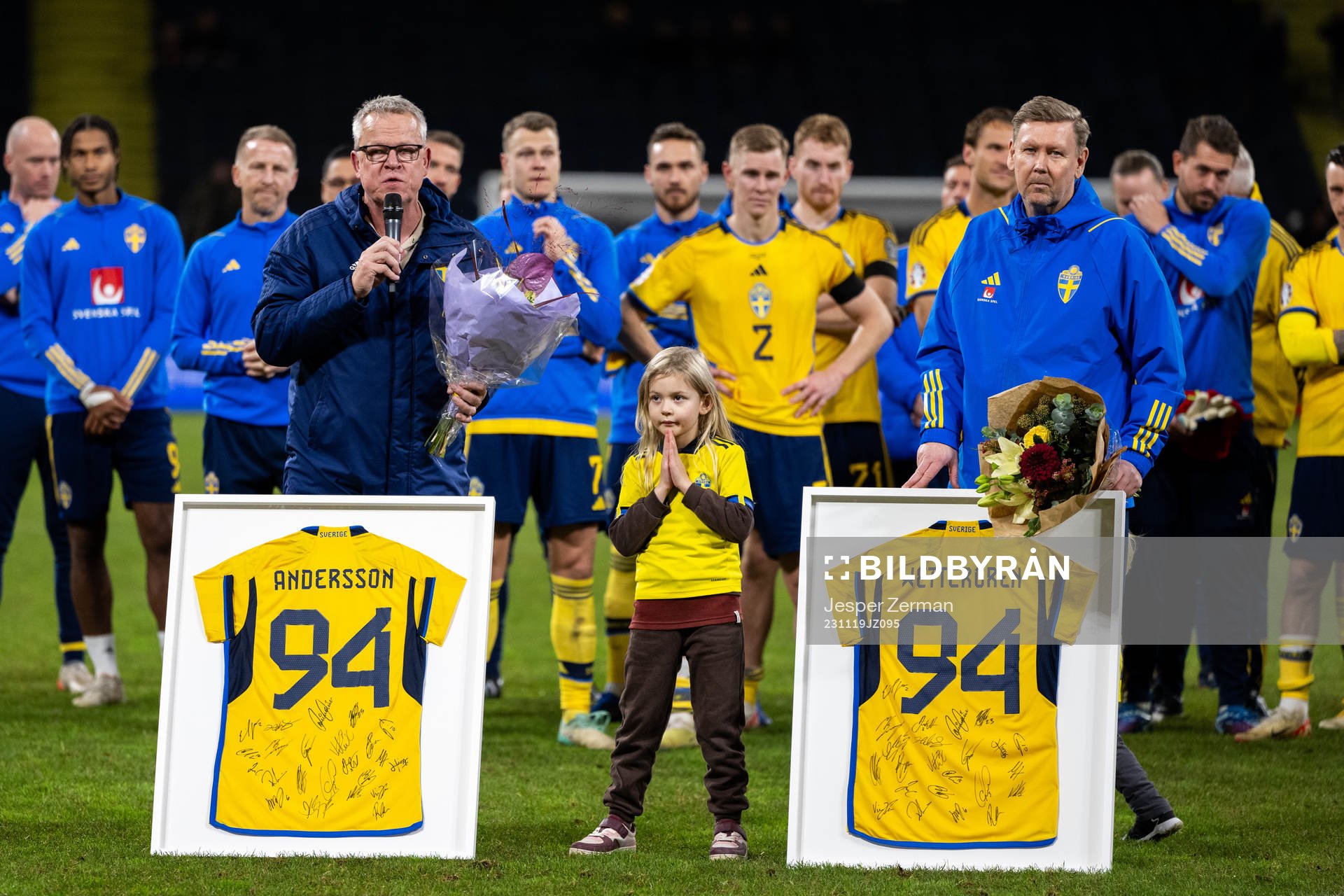 Head coach Janne Andersson and Assistant coach Peter Wettergren of Sweden after the UEFA Euro Qualifier football match between Sweden and Estonia on November 19, 2023 in Stockholm.