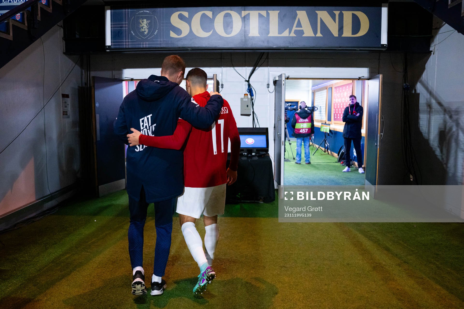 Pål Fjelde, tactical statistician, and Mohamed Elyounoussi of Norway after the UEFA Euro Qualifier football match between Scotland and Norway on November 19, 2023 in Glasgow.
