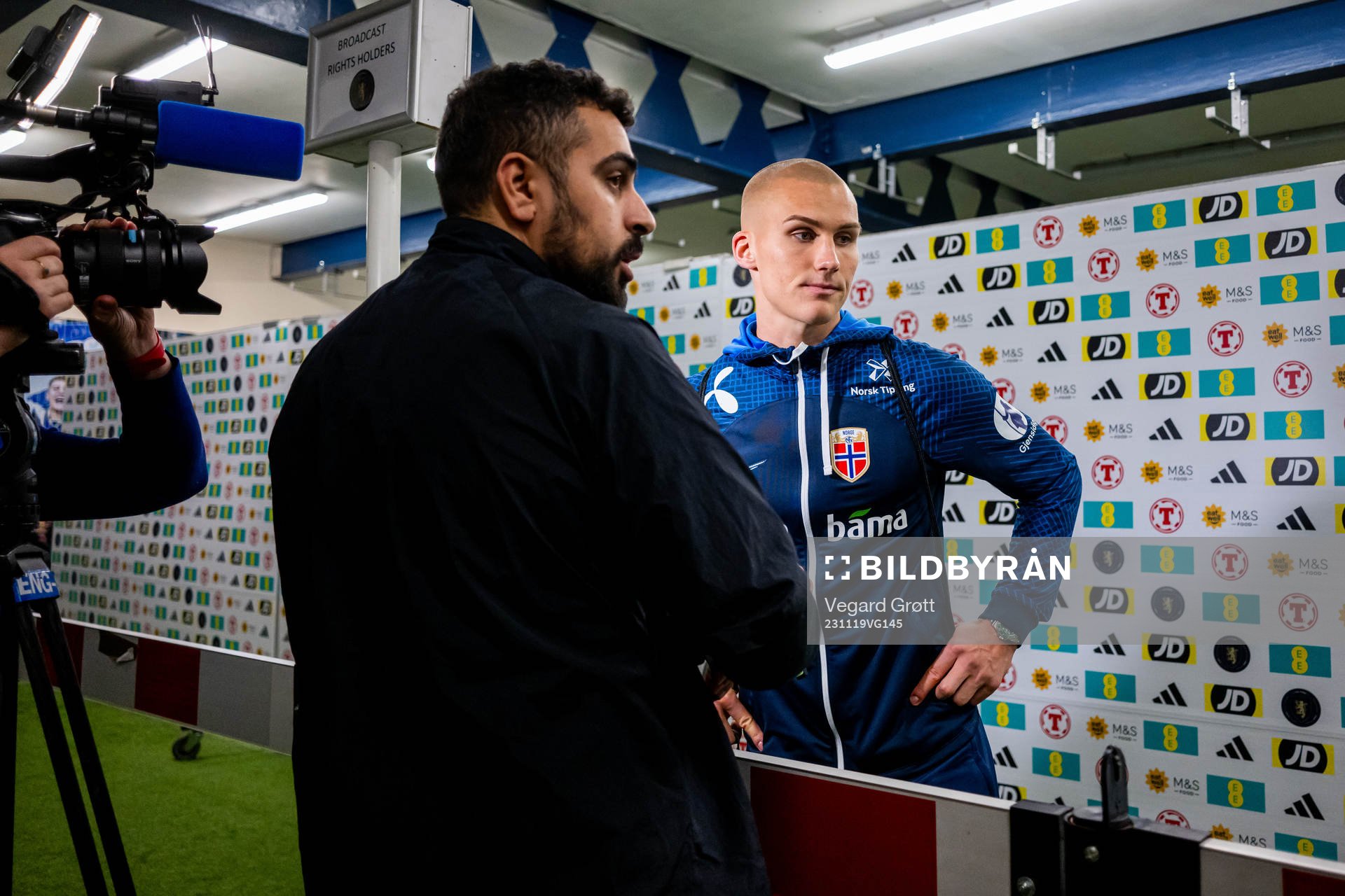 Leo Skiri Østigård of Norway in the mixed zone after the UEFA Euro Qualifier football match between Scotland and Norway on November 19, 2023 in Glasgow. 