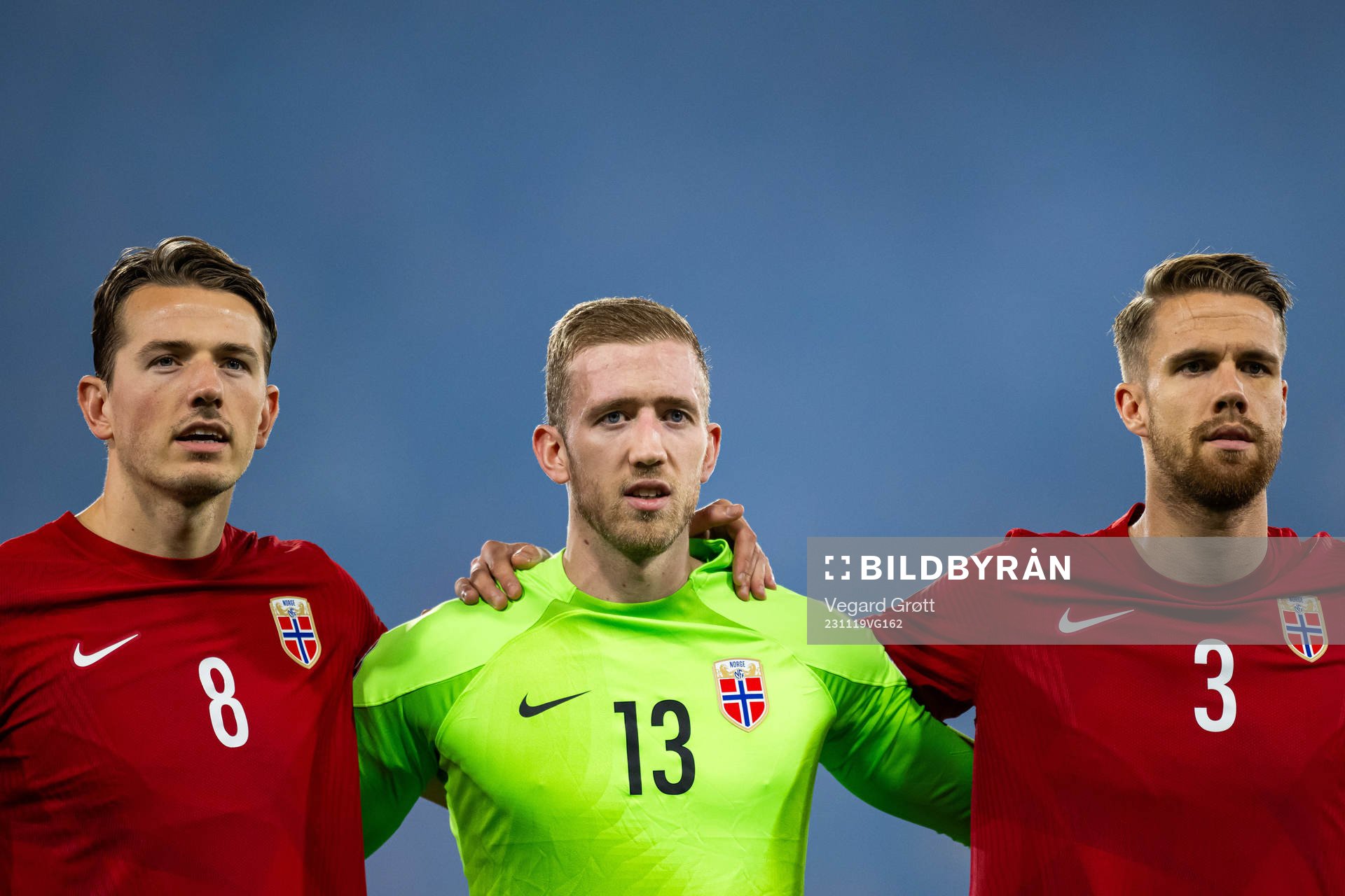 Sander Berge, goalkeeper Egil Selvik and Kristoffer Ajer of