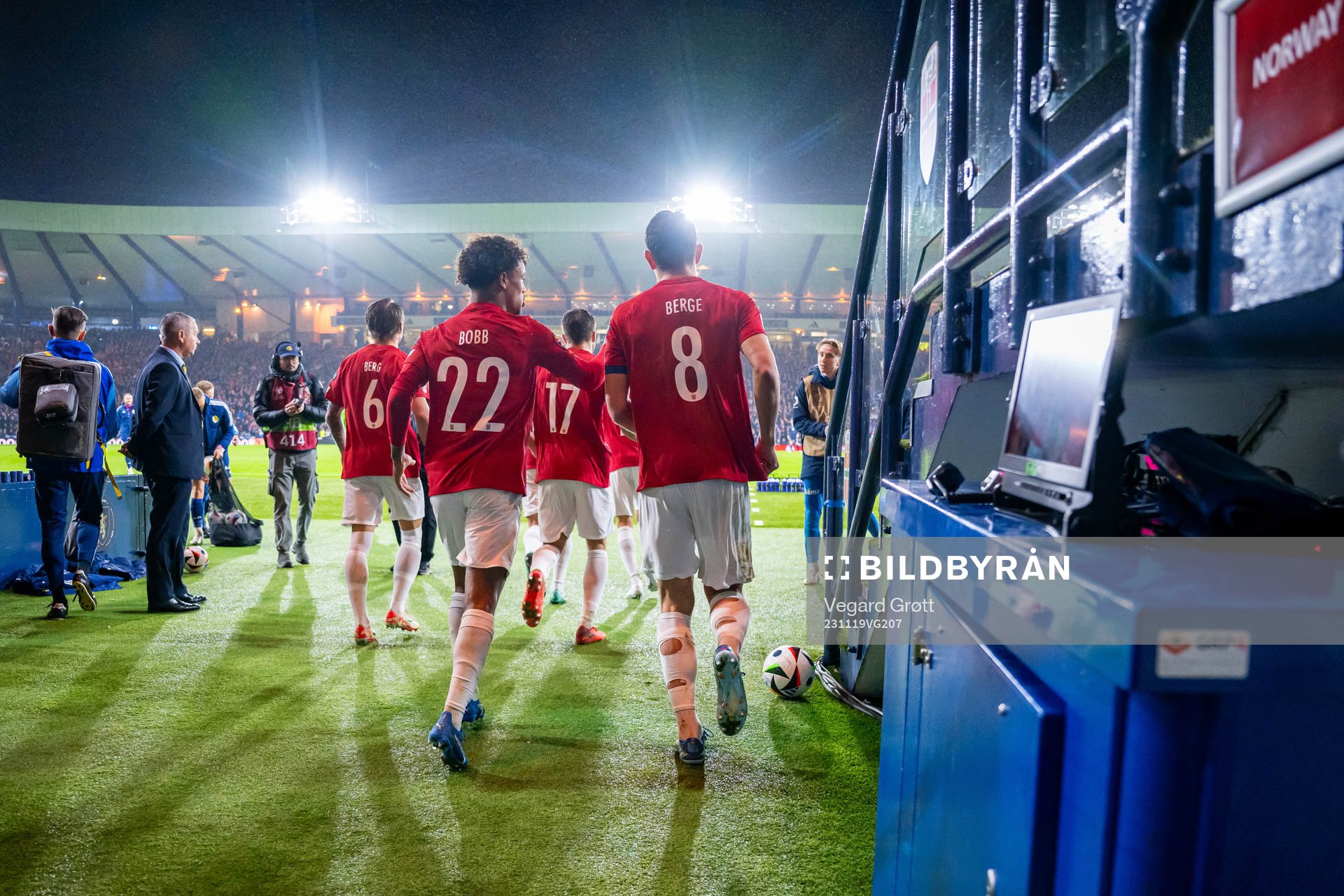 Oscar Bobb and Sander Berge of Norway at half-time