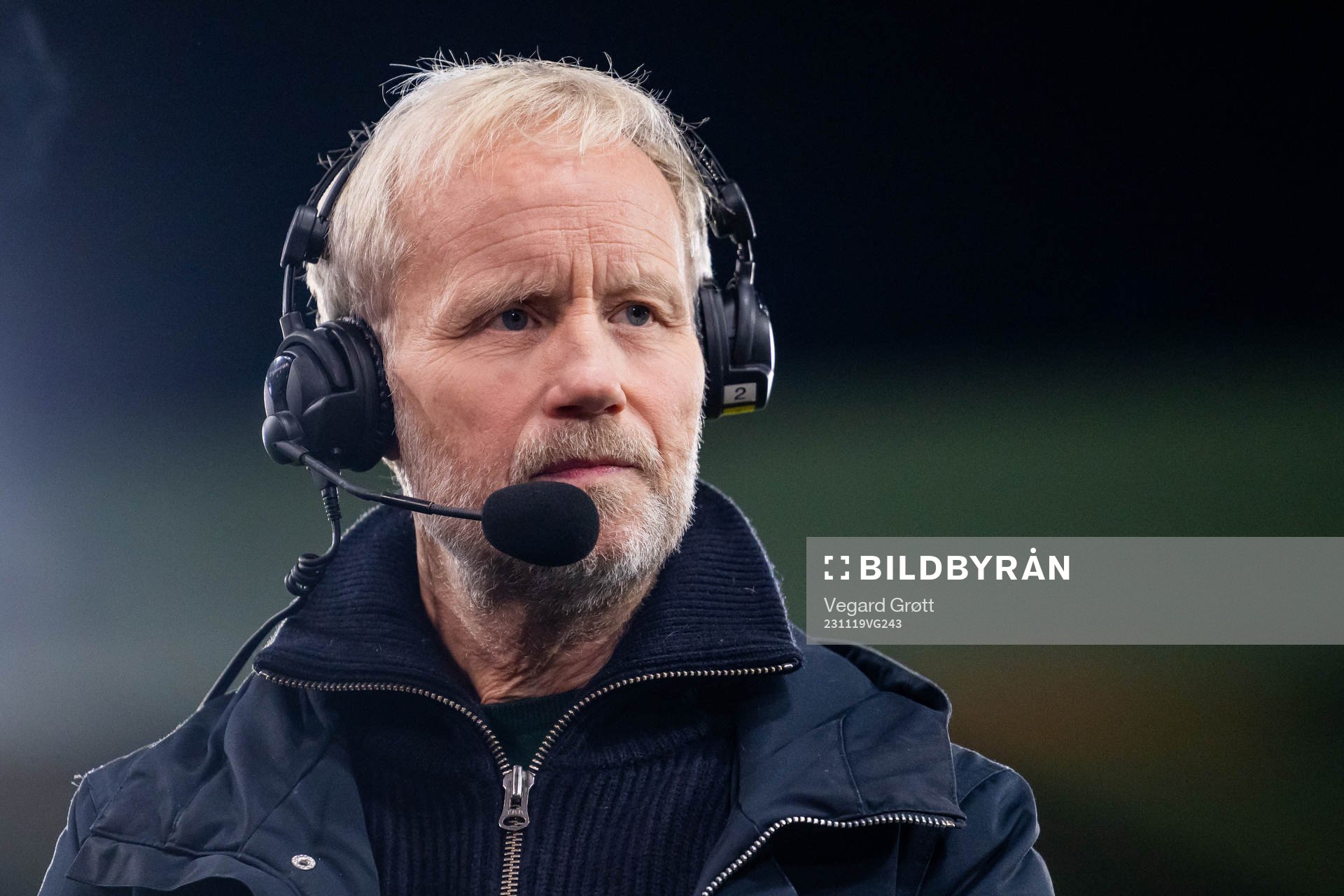 Øyvind Alsaker of broadcaster TV 2 ahead of the UEFA Euro Qualifier football match between Scotland and Norway on November 19, 2023 in Glasgow.