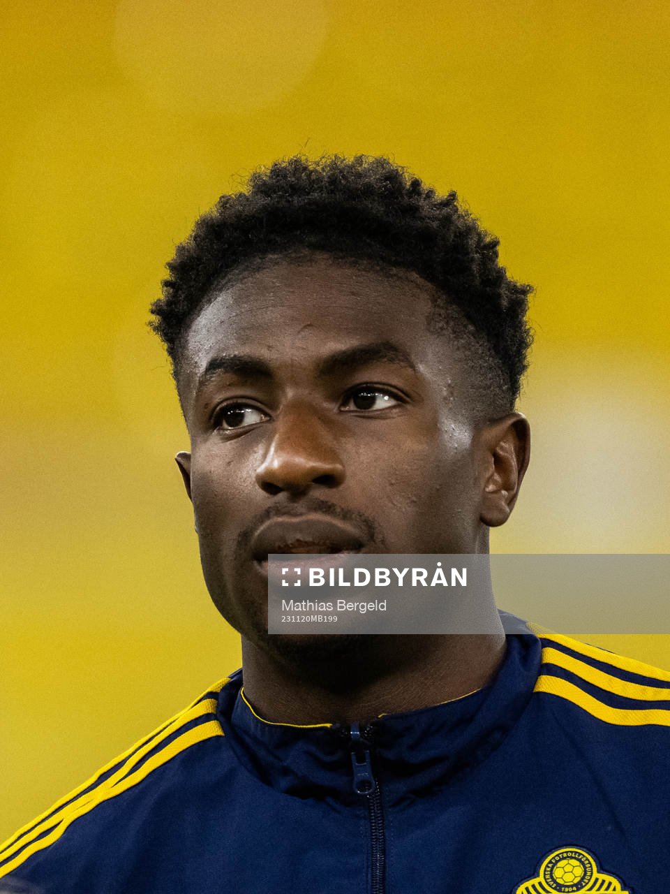 Josafat Mendes of Sweden during line-up ahead of the UEFA European Under-21 Qualifier football match between Sweden and Netherlands on November 20, 2023 in Borås.