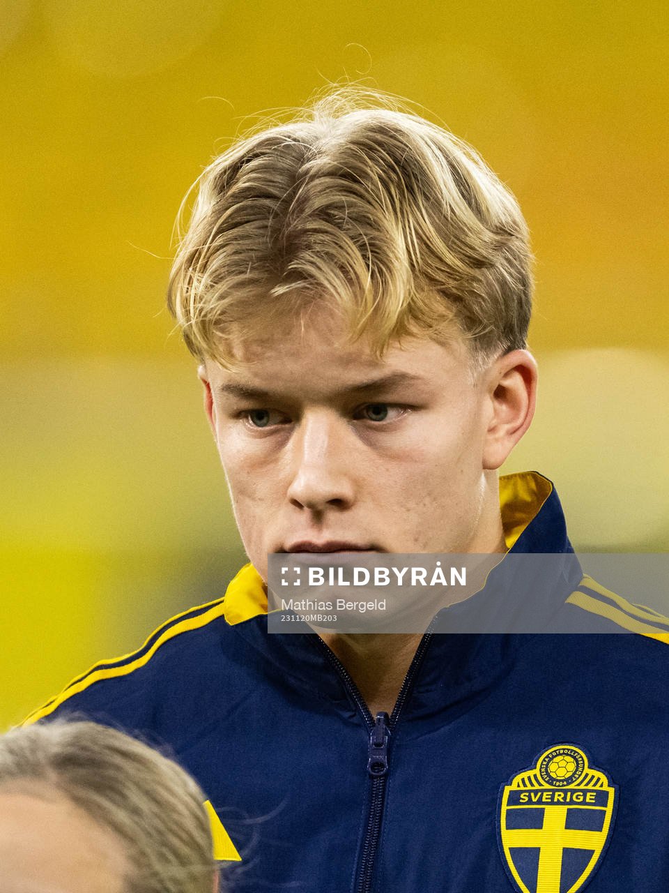 Daniel Svensson of Sweden during line-up ahead of the UEFA European Under-21 Qualifier football match between Sweden and Netherlands on November 20, 2023 in Borås. 