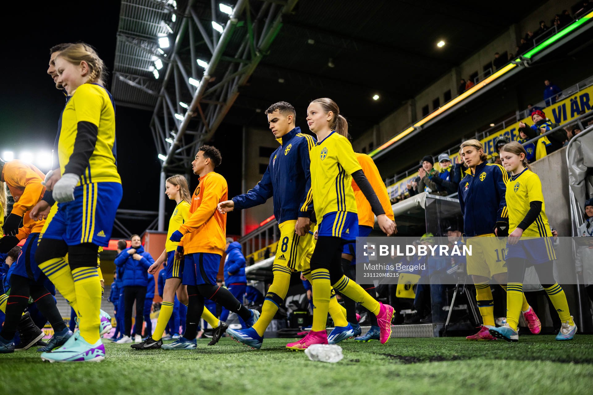 Yasin Ayari and Sebastian Nanasi of Sweden enter the pitch