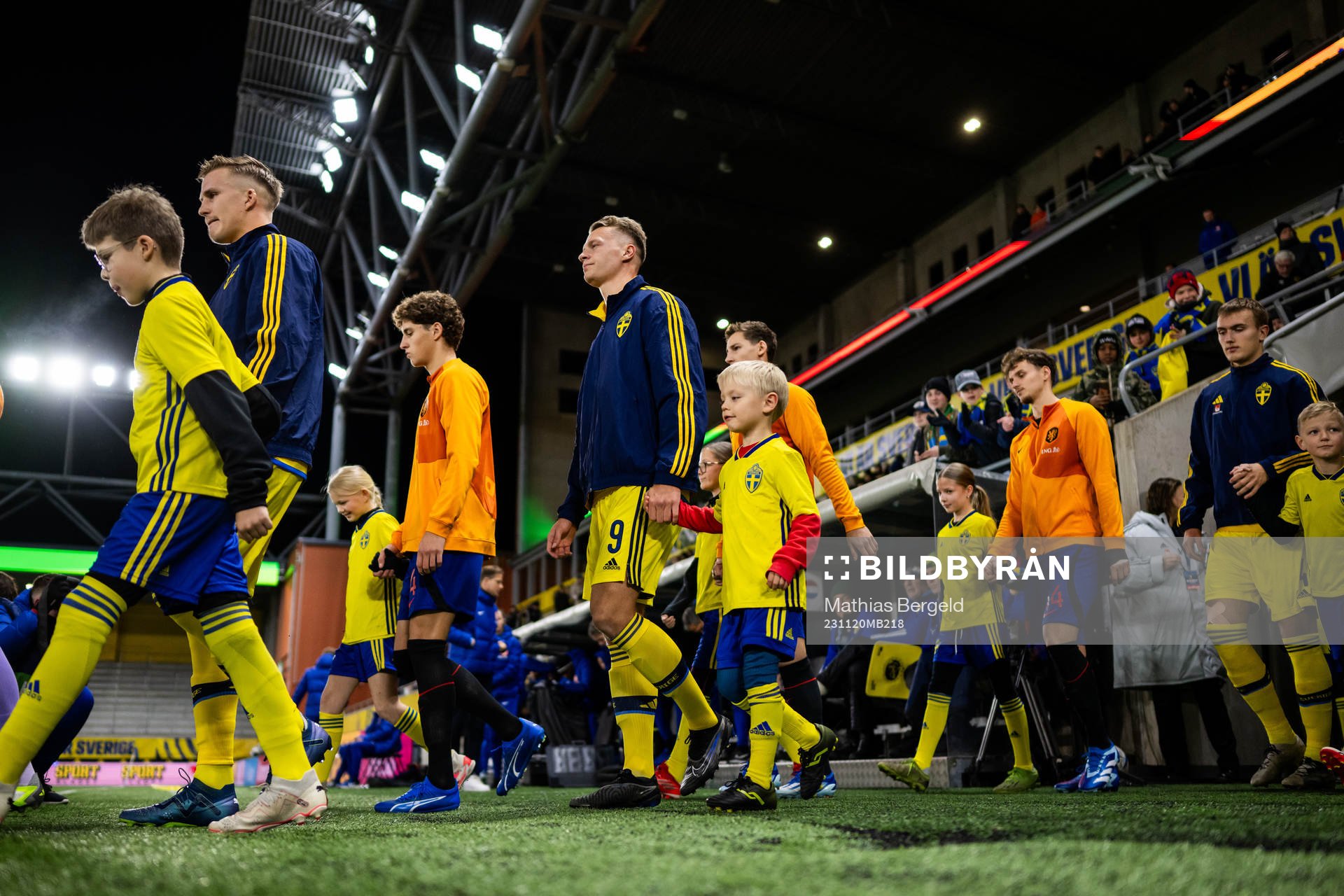 Casper Widell, Joel Voelkerling Persson and Jesper Tolinsson of Sweden enter the pitch ahead of the UEFA European Under-21 Qualifier football match between Sweden and Netherlands on November 20, 2023 in Borås.