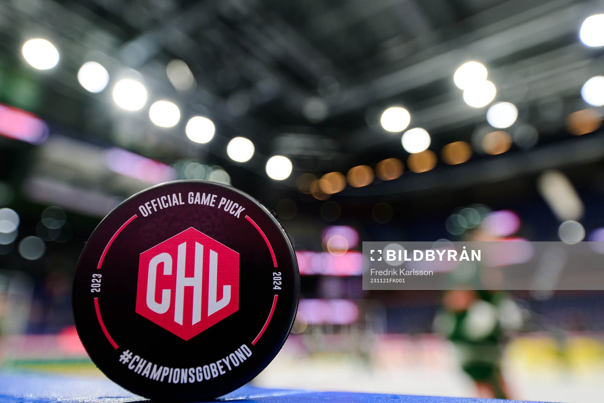 Official game puck ahead the CHL game between Färjestad